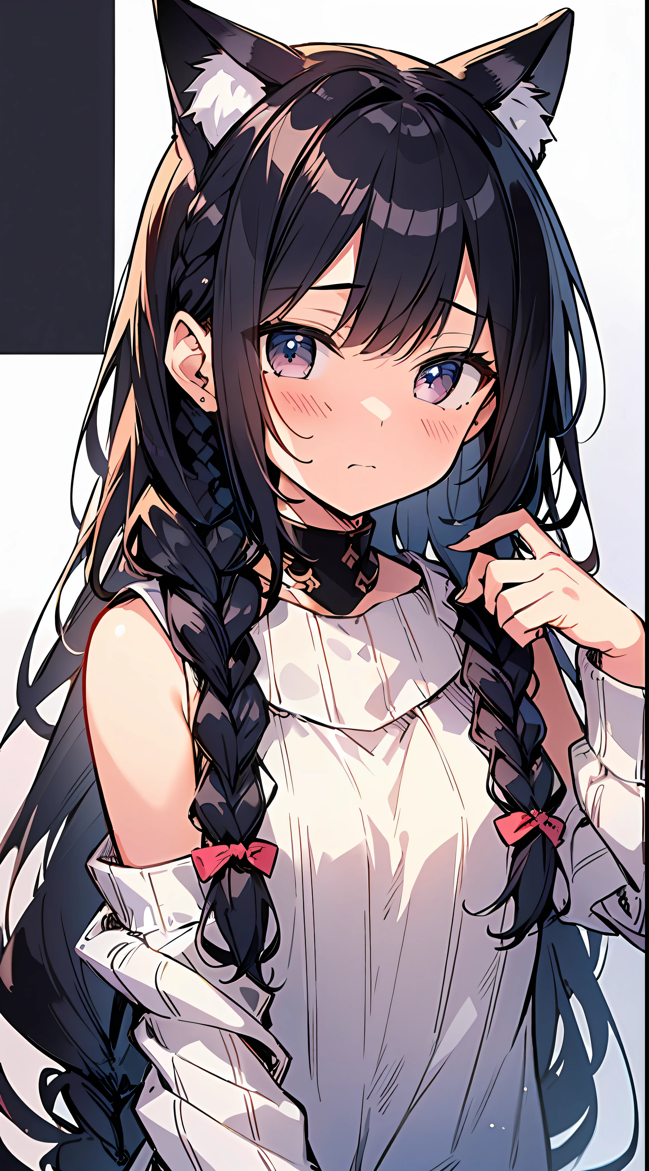 Top Quality, Masterpiece, Ultra High Resolution, 8k, Cream Sweater, Anime Style Little , Single, Ultra Detailed Line Art, Digital Enhancement, Anime Core, Flowing Fabric, Close Up, ((Hair length to shoulder mouth and short braid)), staring at me from the front, soft drawing, beautiful black hair, looks really weak, crisp eyes