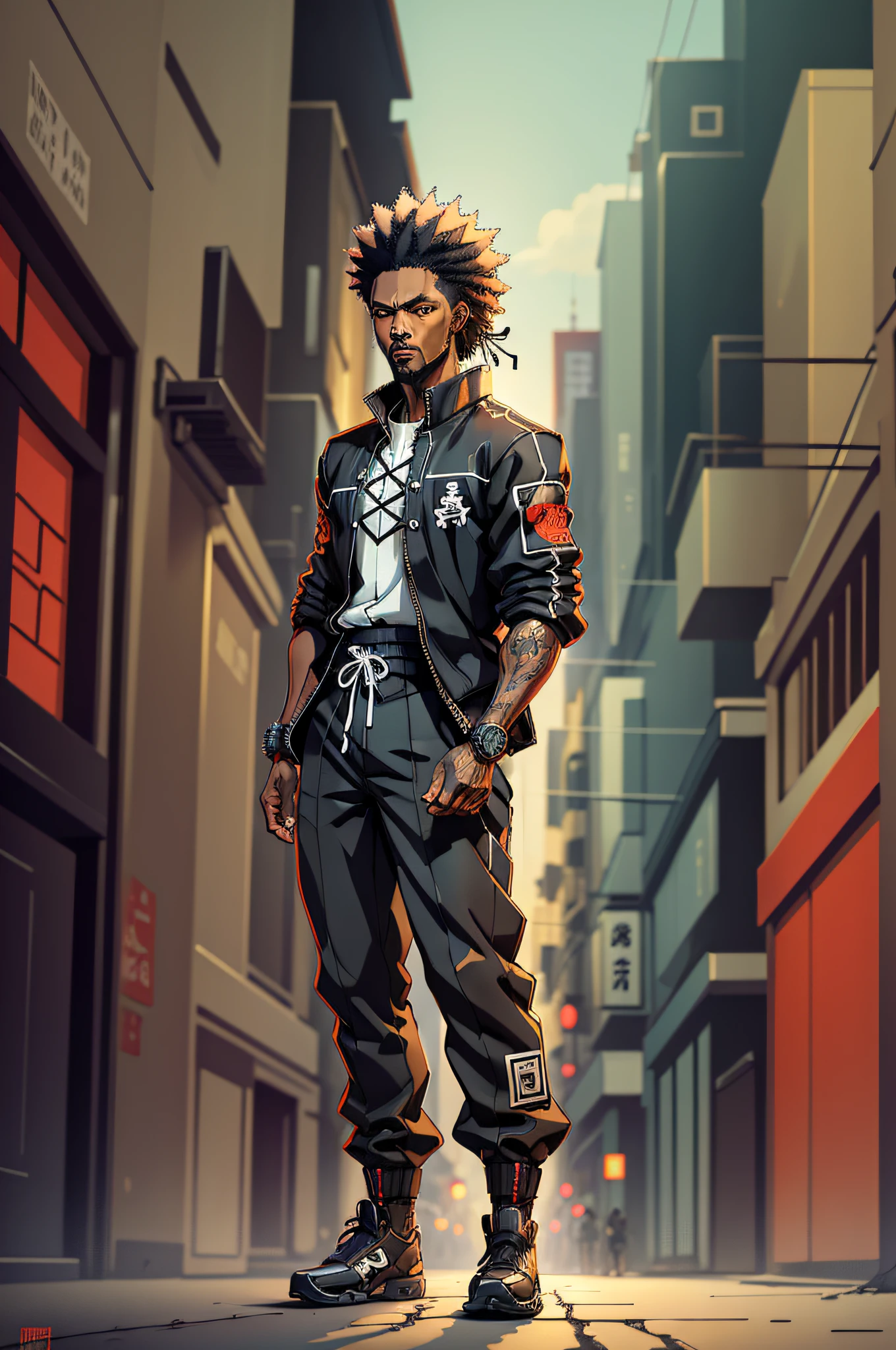 Black man wearing streetwear outfit walking on dark street, intricate details, flat vector art, (illustration), ((masterpiece, best quality)) afro samurai anime style, takashi okazaki style anime