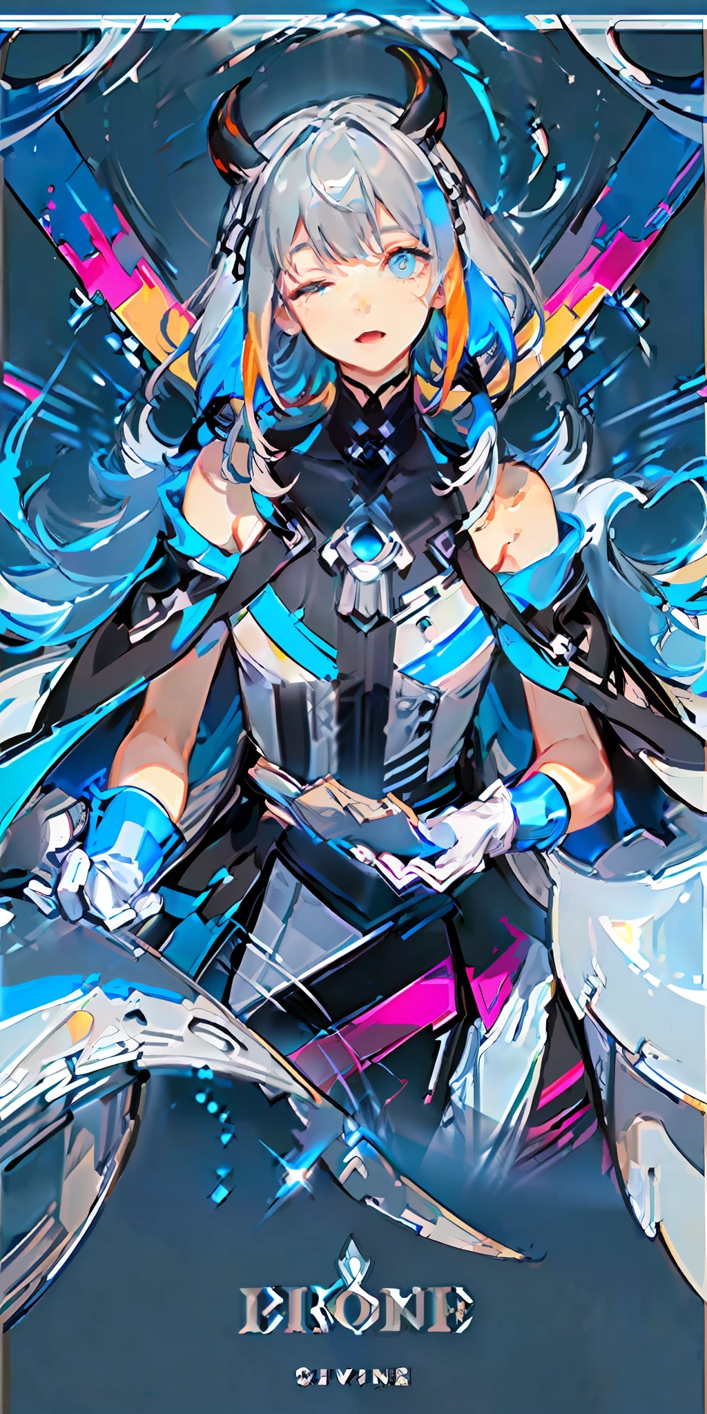 (Highest picture quality),(Master's work),(ultra-detailed),(Detailed eye description:1.0),(lens flare:1.0),(movie poster:1.0),(Tarot border:1.0),the portrait is centered,(close-up:1.0),(nagative space:0.8),(negative space:1.6),(solo),(floating colorful web:1.0),(many colorful spikes:1.0),(floating aqua droplets:1.0),(water magic:1.0), (dappled sunlight,light rays,caustics:1.2), (iridescent:1.0),(beautiful detailed glow:1.0),(leaning back:1.2),(grim expression:1.0),(small:1.0),(open mouth:1.0),(eyelashes),one eye closed,(light blue hair:1.4),(long hair:1.0),(facing viewer:1.3),(head tilt:1.0),(dynamic pose:1.1),(asymmetrical hair:1.2),(orange,(casual,casual clothes),(layered skirt),(grey eyes:1.4),diagonal bangs,high twintails,drill hair,long coat,(floating cape:1.0),,(abstract background:1.4),(:1.1),(jumping:1.1),(tan:1.1),(upper body:1.25),thinking, slit pupils, + +,  ganyu, bare shoulders, bodysuit, (white gloves:1.3), black and red twin horns, sleepy