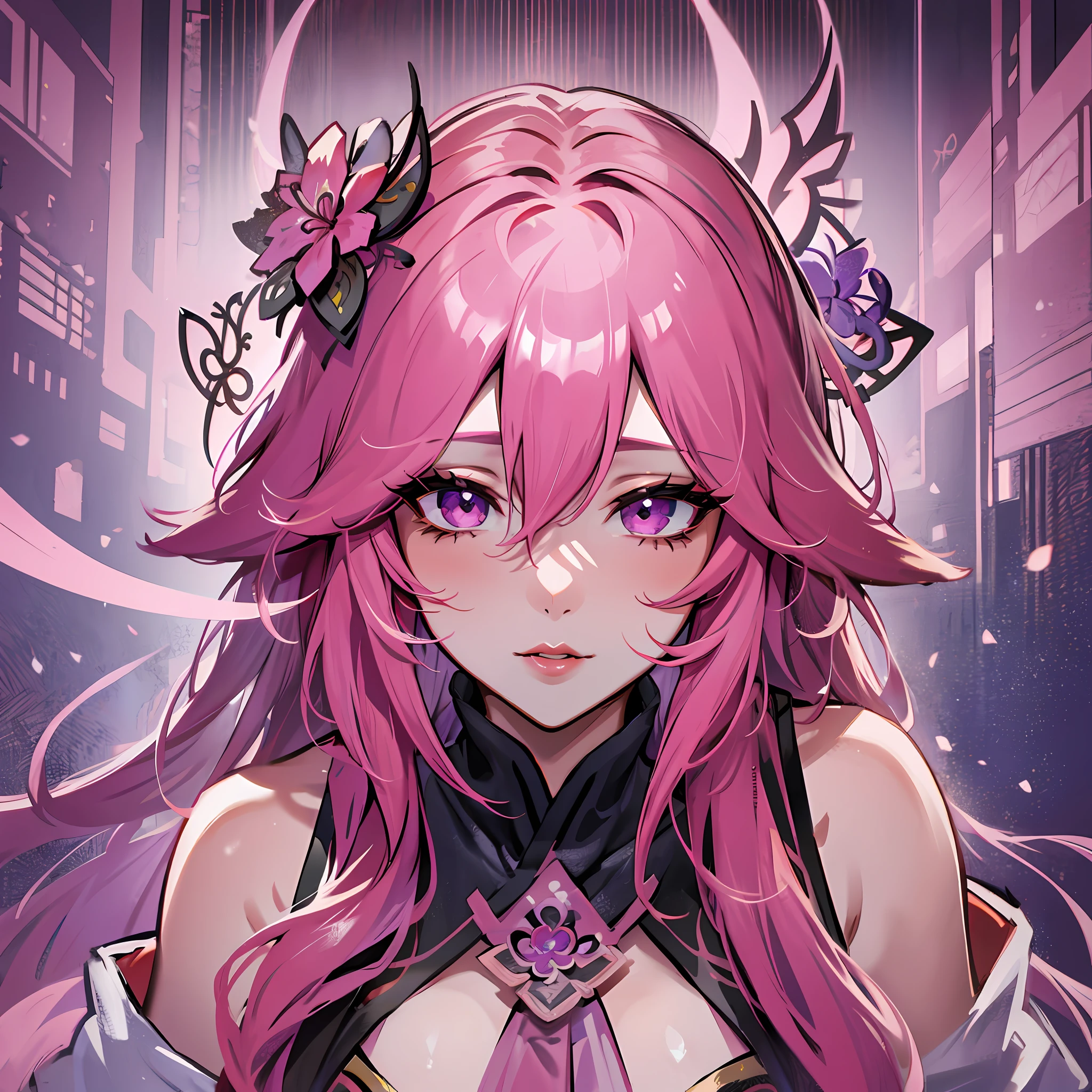 y yae miko, hair between eyes, pink hair, red lips