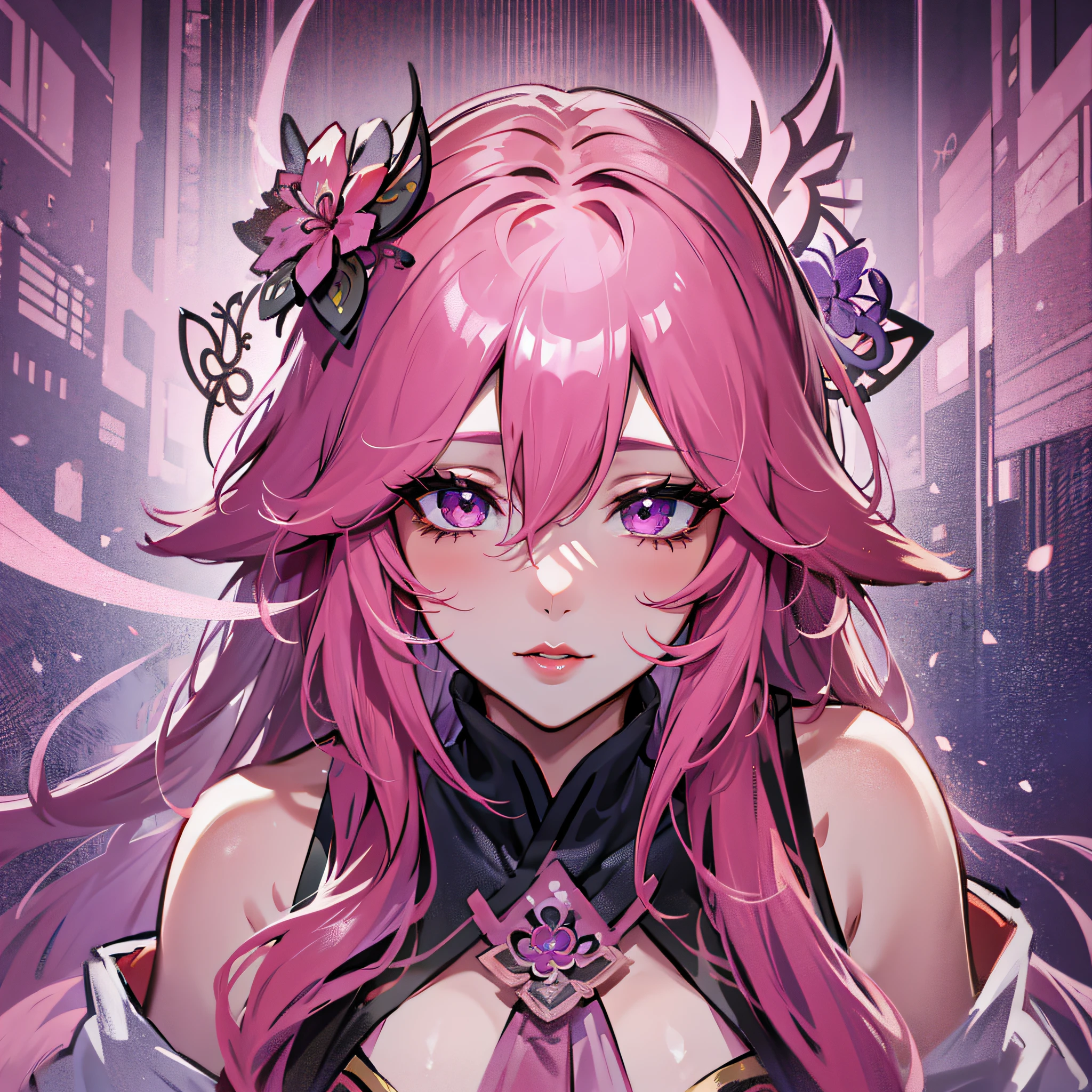 sexy yae miko, hair between eyes, pink hair, red lips