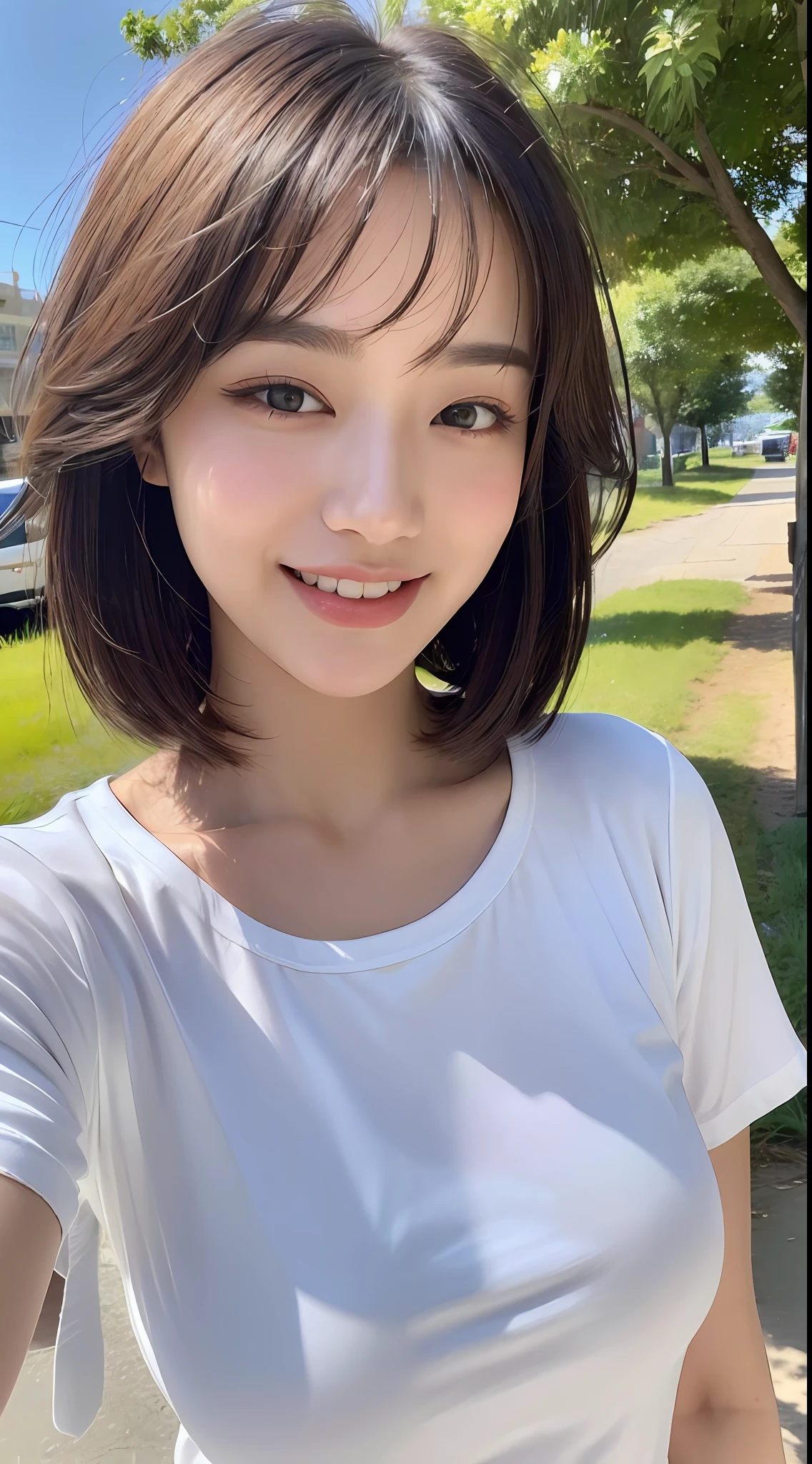 ((top quality, 8k, masterpiece: 1.3)), crisp focus: 1.2, beautiful woman in perfect style: 1.4, slender abs: 1.2, ((dark brown bob cut, big: 1.1)), smiling, (white t-shirt: 1.1)), street: 1.2, highly detailed face and skin texture, detailed eyes, double eyelids