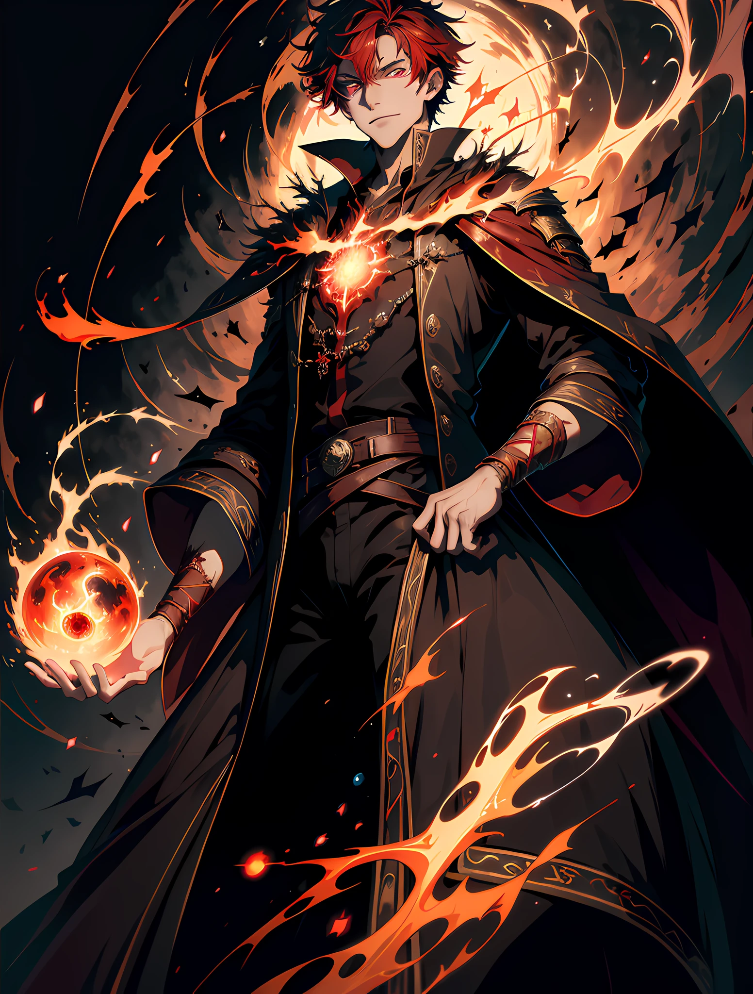 (absurdres, highres, ultra detailed), masterpiece, best quality, a boy with in black outfit, red cape, wizard, solo, handsome, short hair, red hair, vibrant red eye, glowing eye, glow effect, finely eye, detailed face, red flame, spark, swirl, isolated land background, from below, look down, look at viewer, cowboy shot