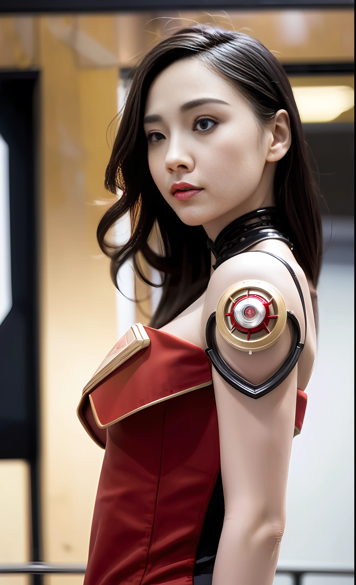 (1girl:1.3), solo, __body-parts__, official art, unified 8k wallpaper, super detailed, beautiful and aesthetic, beautiful, masterpiece, best quality, raw, masterpiece, super fine photo, best quality, super high resolution, photorealistic realism, sunlight, full body portrait, amazing beauty, dynamic pose, delicate face, vibrant eyes, (viewed from the side), she is wearing futuristic Iron Man mech, red and gold color scheme, very detailed abandoned warehouse background, Detailed face, detailed complex busy background, messy, gorgeous, milky white, highly detailed skin, realistic skin details, visible pores, sharp focus, volumetric fog, 8k uhd, DSLR camera, high quality, film grain, fair skin, photo realism, lomography, huge metropolis in future dystopia, seen from below, translucent, Yang Ying's face, mecha