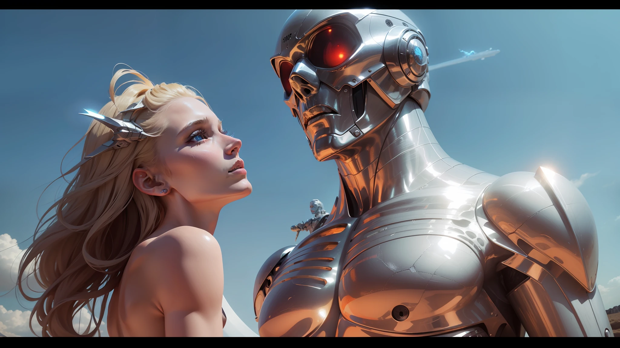 blond woman standing next to a silver statue in a blue sky, still from a music video, 8 k highly detailed ❤🔥 🔥 💀 🤖 🚀, die antwoord music video, 8k highly detailed ❤️‍🔥 🔥 💀 🤖 🚀, cyborg goddess in cosmos, greg rutkowski and mario testino, metal hurlant, movie still of a alien cyborg --auto --s2