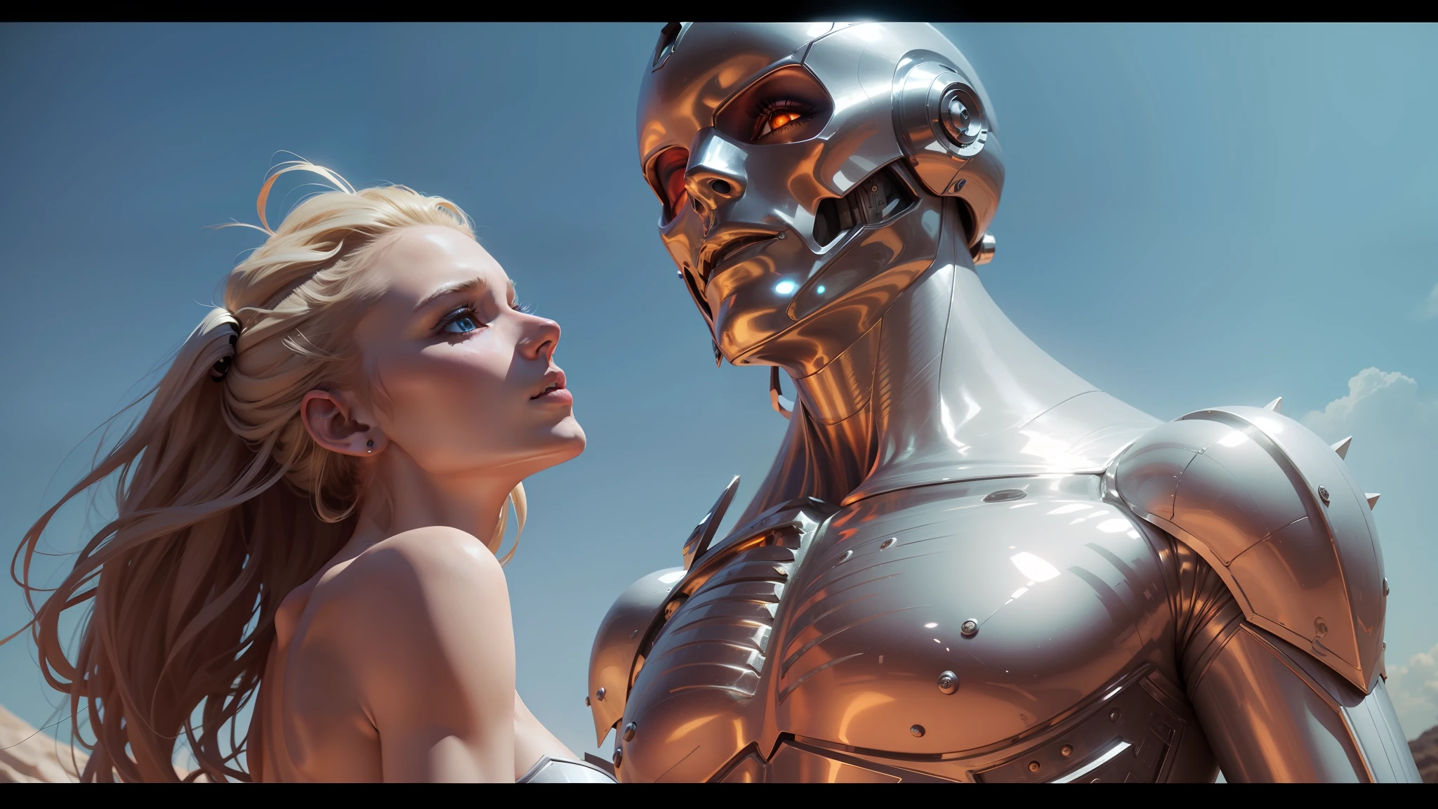 blond woman standing next to a silver statue in a blue sky, still from a music video, 8 k highly detailed ❤🔥 🔥 💀 🤖 🚀, die antwoord music video, 8k highly detailed ❤️‍🔥 🔥 💀 🤖 🚀, cyborg goddess in cosmos, greg rutkowski and mario testino, metal hurlant, movie still of a alien cyborg --auto --s2