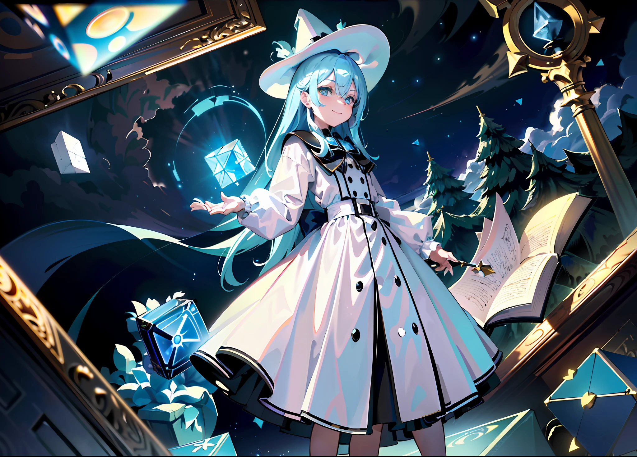 (masterpiece, top quality, best quality, official art, beautiful and aesthetic:1.2), (1 man standing), extreme detailed, highest detailed, (wizard hat), Magician, Wand, Adventure, (detail Outskirts background), (forest), (Magic World), ((A huge blue magic cube with blue light floating in the air)), Magic Circle, Sealed Demon, Wrath, Magic Text, (Huge Book ahead) , wide background, full body, ((long Shot)), (((symmetrical composition))), (front) ,(confident smiley face), (confident eyes), ((Morning)), ((daytime)), clouds, ((elevation angle)), (white clothing)