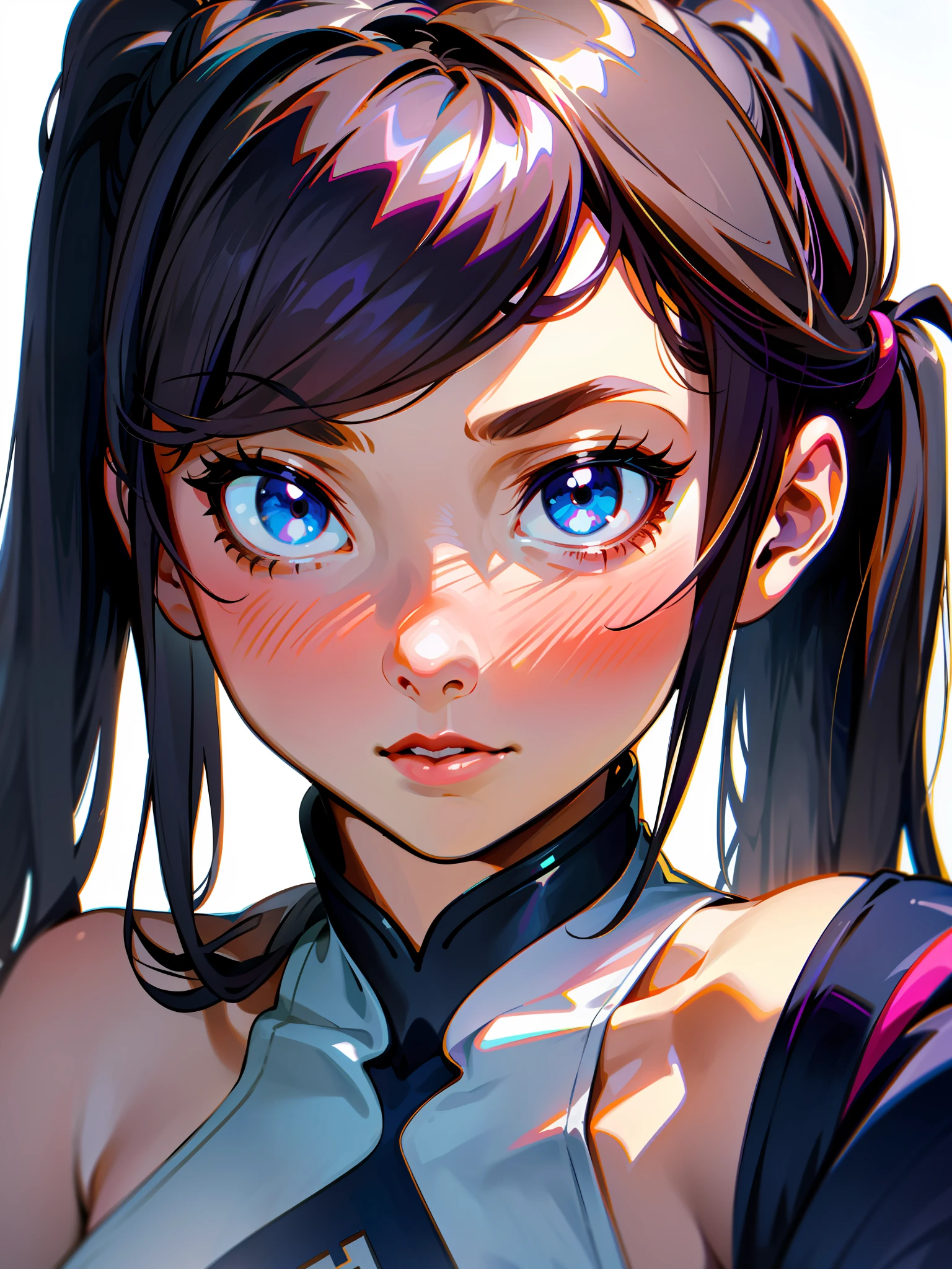 1girl, portrait, realistic, bare shoulders,1girl,thin lips,blue eyes, twintails, long hair, light hair, blush