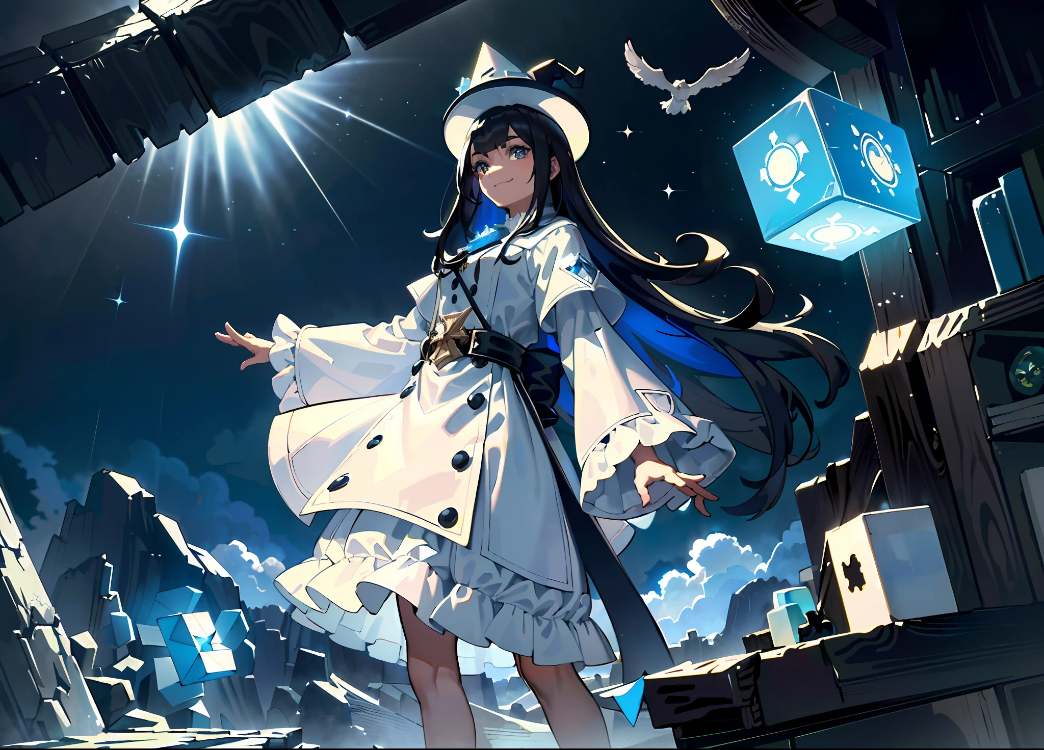 (masterpiece, top quality, best quality, official art, beautiful and aesthetic:1.2), (1 man standing), extreme detailed, highest detailed, (wizard hat), Magician, Wand, Adventure, (detail Outskirts background), (forest), (Magic World), ((A huge blue magic cube with blue light floating in the air)), Magic Circle, Sealed Demon, Wrath, Magic Text, (Huge Book ahead) , wide background, full body, ((long Shot)), (((symmetrical composition))), (front) ,(confident smiley face), (confident eyes), ((Morning)), ((daytime)), clouds, ((elevation angle)), (white clothing)