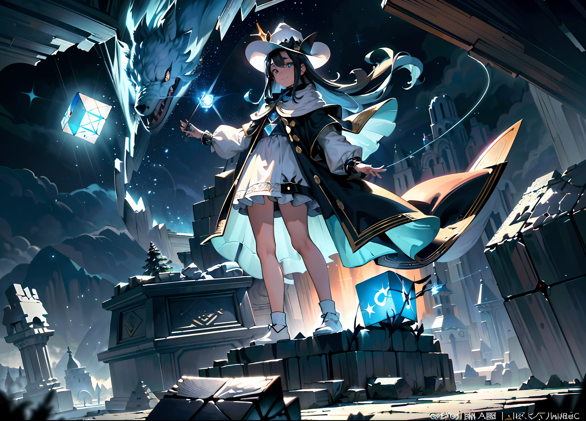 (masterpiece, top quality, best quality, official art, beautiful and aesthetic:1.2), (1 man standing), extreme detailed, highest detailed, (wizard hat), Magician, Wand, Adventure, (detail Outskirts background), (forest), (Magic World), ((A huge blue magic cube with blue light floating in the air)), Magic Circle, Sealed Demon, Wrath, Magic Text, (Huge Book ahead) , wide background, full body, ((long Shot)), (((symmetrical composition))), (front) ,(confident smiley face), (confident eyes), ((Morning)), ((daytime)), clouds, ((elevation angle)), (white clothing)