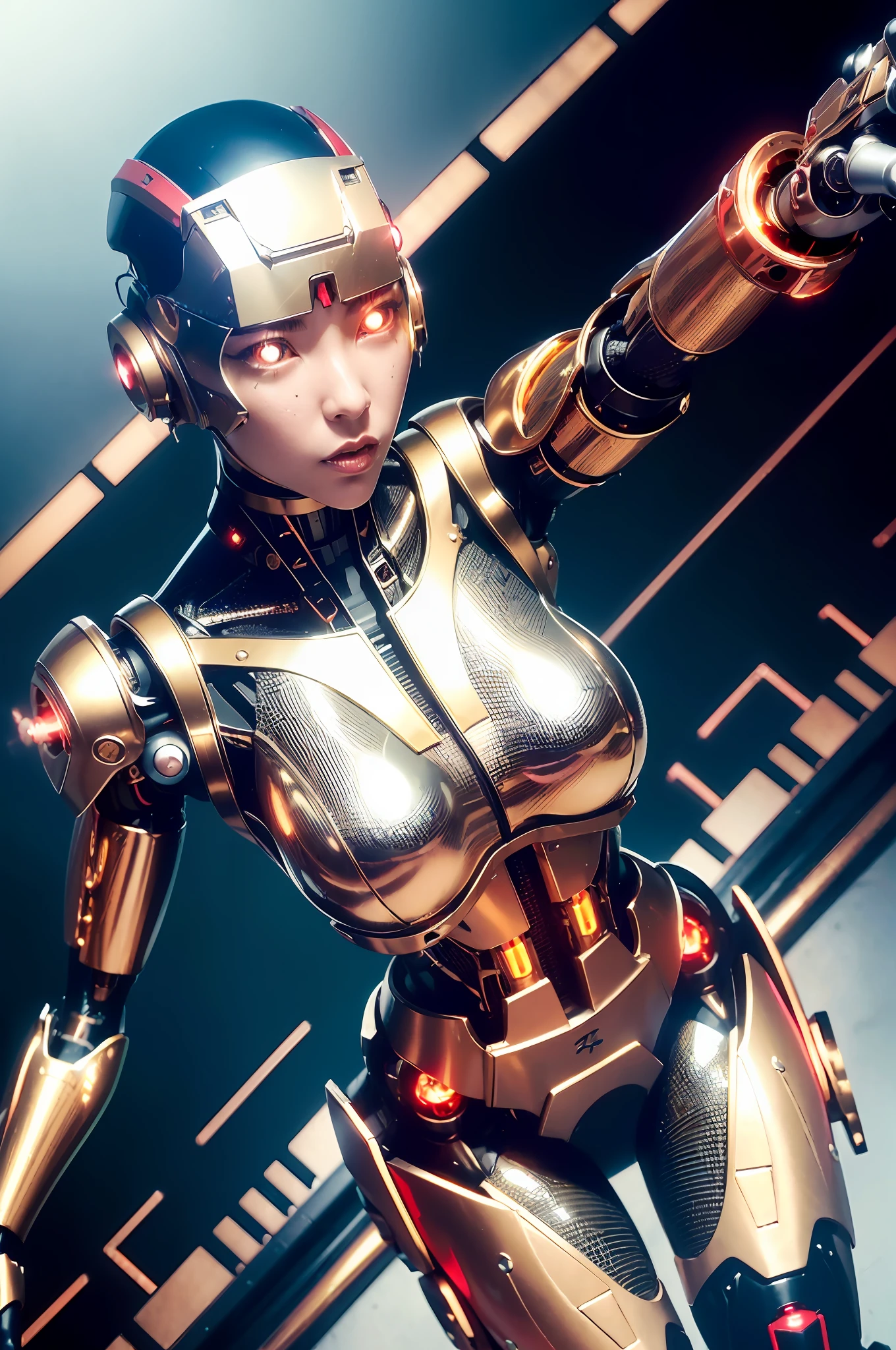 1girl, solo, Japanese girl, ((cyborg:1.4))), cyborg girl, cyborg armor, cyborg clothes, fine details, very bright red eyes, whole body, big breasts:0.2, ((floating hair))), looking at the viewer, pov, female focus, short hair, bob hair, air bangs, dynamic pose, dynamic angle, close-up, combat position, combat pose, forward race, running, ((golden metallic color | red metallic color | metallic metallic color))), (((Metallic chandelier, reflective metal, mechanical details, extremely mechanical details, complex mechanical structure))), (((Mirrored Power Armor))), black background, cinematic lighting