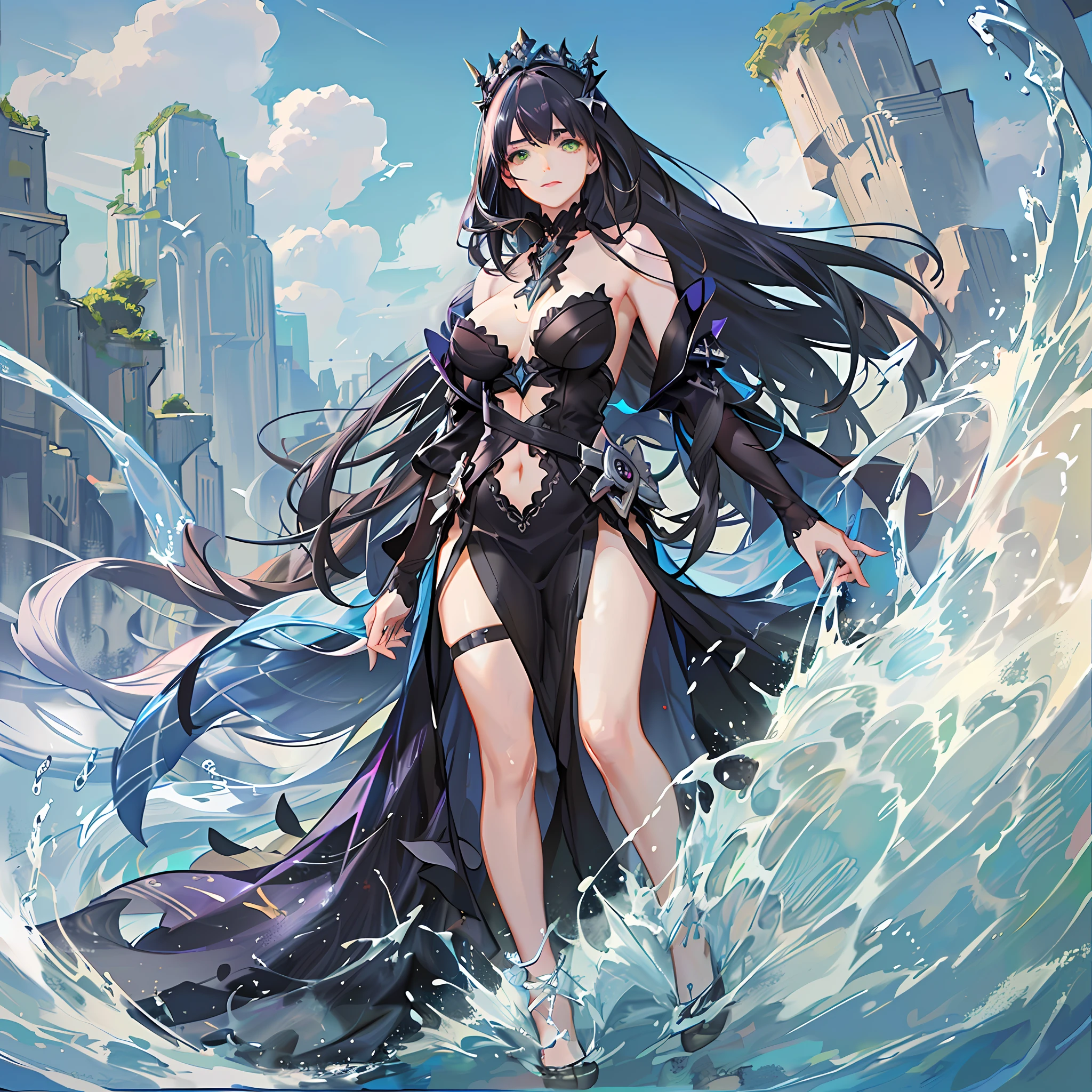 Water goddess green bright eyes, gorgeous face, long greyer hair, greyer brows, juice lip, high detailed face, stand in the water dark side, below ocean somewhere, wear purple and black mix dress, high detailed body head to feet, highly detailed cgi 8k resolution, the hole body, full body, cinematic lighting, hyper realistic