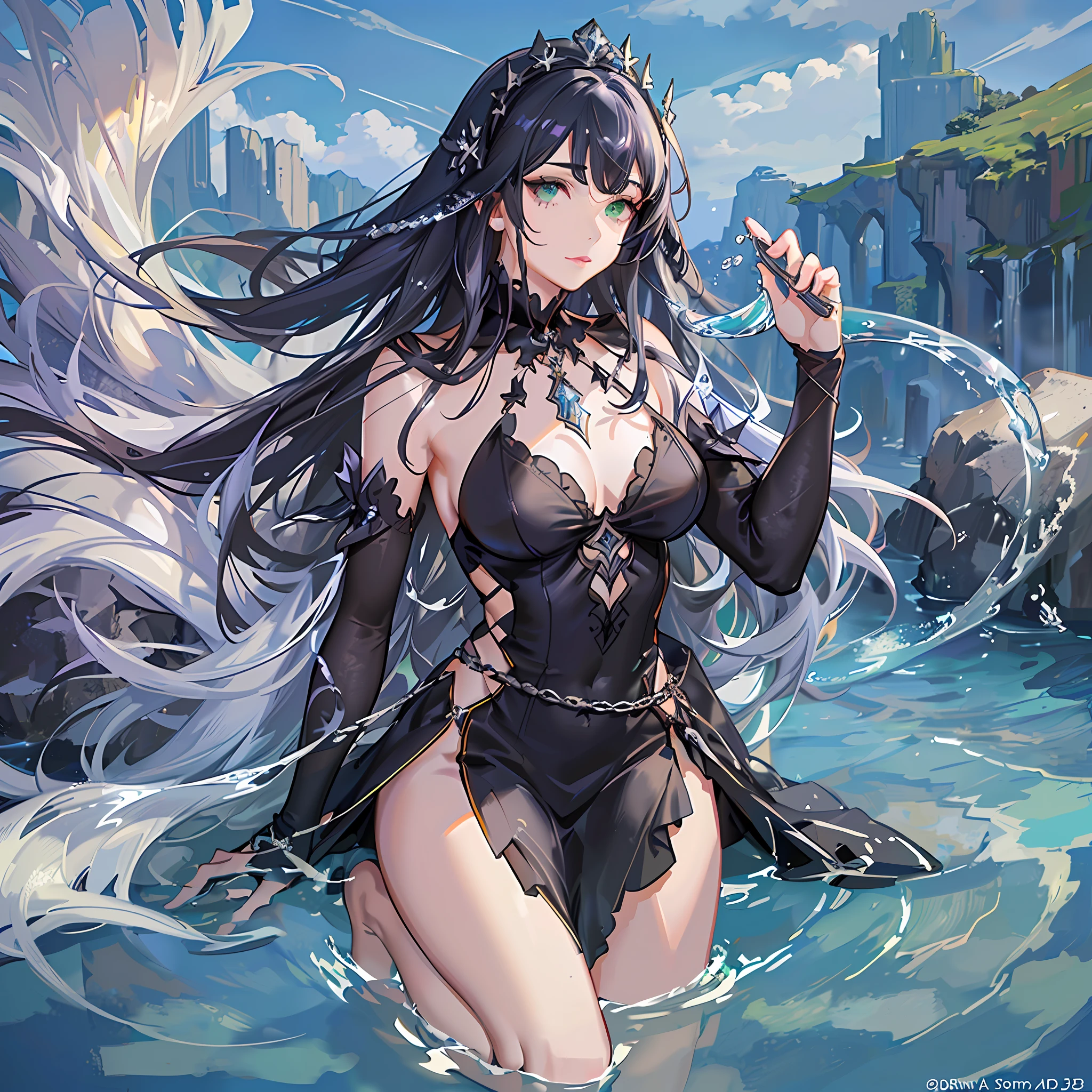 Water goddess green bright eyes, gorgeous face, long greyer hair, greyer brows, juice lip, high detailed face, stand in the water dark side, below ocean somewhere, wear purple and black mix dress, high detailed body head to feet, highly detailed cgi 8k resolution, the hole body, full body, cinematic lighting, hyper realistic