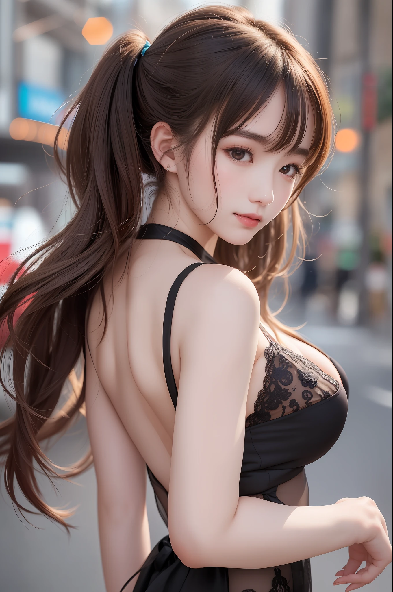 ((Rear Angle photo)), ((22 y.o girl)), (jpop idol), (wearing a nude lace apron), dynamic pose, pale skin, (((natural breasts, big breasts))), (aegyo sal:1.1), (narrow waist), long((low twintails)), brown-hair, (puffy eyes), looking away, smiling, sexy, (black G-string), bangs, Seoul streets, outdoors, public, (Bokeh), ultra-detailed, best quality, ultra high res, (NSFW:1.05),