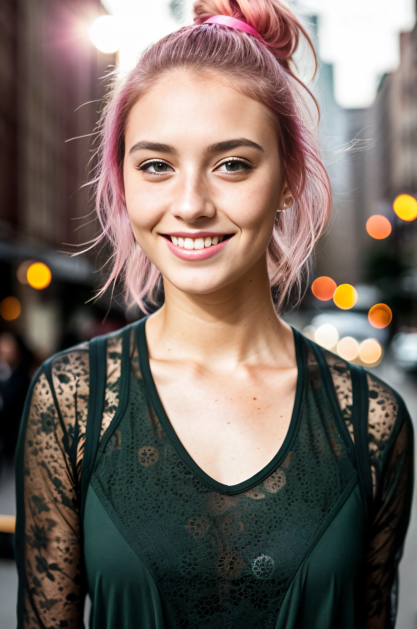 (RAW photo) night scene, full body photo of a sexy girl, posing, looking at the viewer, smiling, pink hair in a ponytail, (green eyes: 0.8), handsome young face, 18 yo, soft volumetric lights, soft key and filler lighting, spots on the skin, (freckles: 0.9), detailed eyes, whole body, red dress, walking on the street