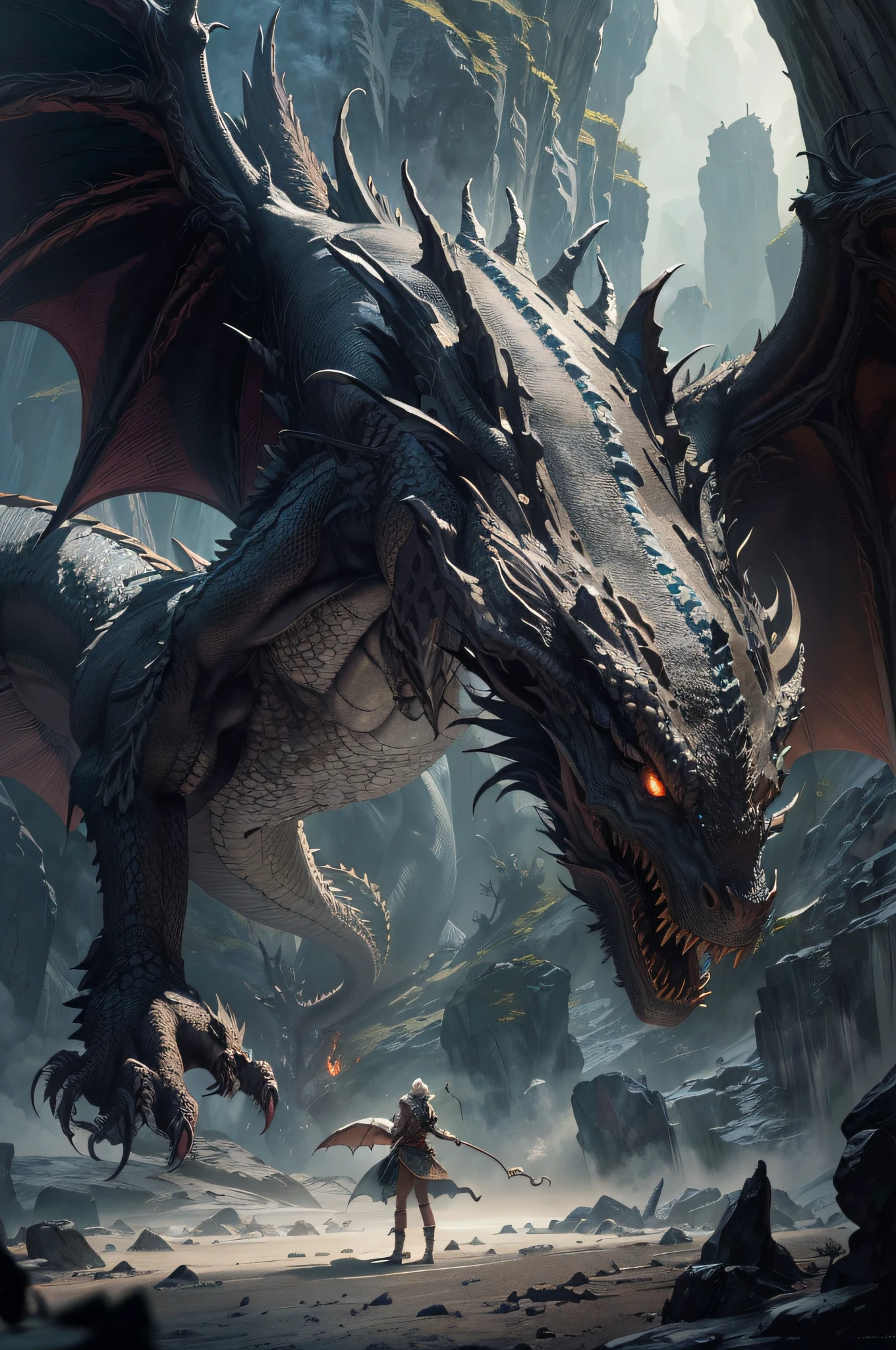 there is a woman standing in front of a dragon in a fantasy setting, hyperrealistic d & d fantasy art, dungeon and dragons art, dungeons and dragons fantasy art, epic dragon, 4k fantasy art, d&d commision art dragon, dragon art, amazingly detailed d & d art, highly detailed fantasy art, battle with dragon, dungeons and dragons artwork