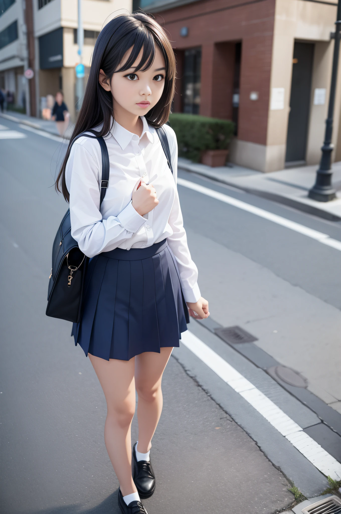 Move the center of gravity back, put your hands forward from both legs, put both feet in the circle of hands, quite embarrassing, panties, thin legs, tight skirt, standing, sidewalk, RAW photo, 8K, highest quality, super high resolution, beautiful face in every detail, realistic human skin, gentle expression, front view, angle from below, long hair, realistic, photorealistic, cute, short skirt, stand deep in the city, cute schoolgirl, wearing Japan schoolgirl uniform, surreal schoolgirl, empty-handed, 1 girl, holding a skirt, flipping up the skirt, bust up, not full body,