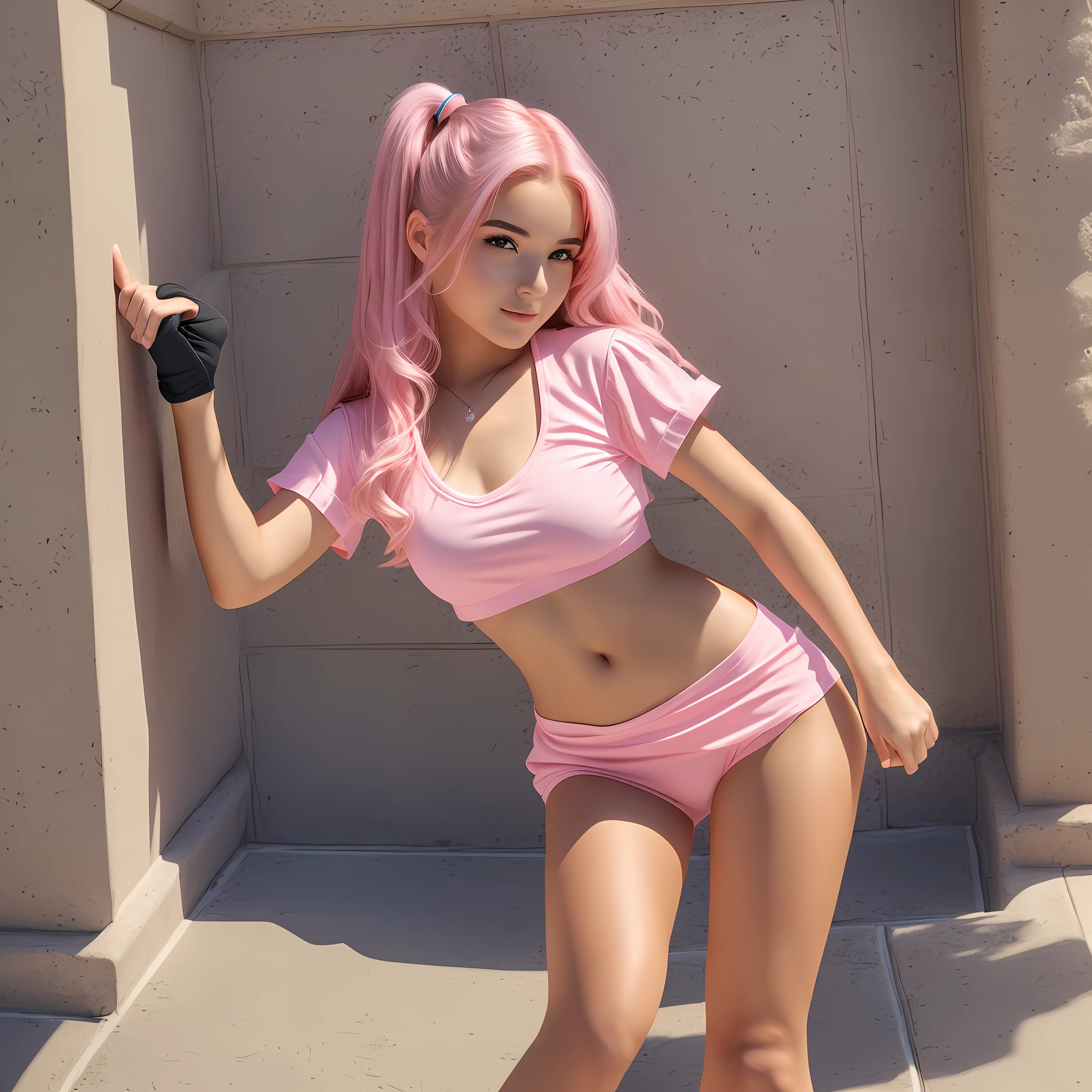 (Ultra-high image quality: 1.2, hearty: 1.3, 8K, 4K: 1.2), very vivid, dynamic light and shadow: 1.2, real light and shadow, lifelike picture effects. 18 years old young and energetic woman, short sleeves, shorts, long pink hair, facing each other, covered in sweat, sexy pose --auto --s2