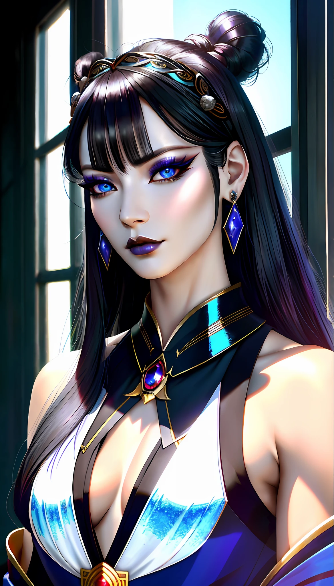 The Dragon Empress (1 woman, long black hair, blue eyes, white skin, small breasts, makeup, lots of shine, dark eyelashes, dark shadow, perfect nose), old Korea, priestly temples, shoulders showing dress, long earring, masterpiece, best quality, 8k, sharp focus, chromatic aberration, best shadows, perfect lights, HDR, realistic skin texture, hyper detailed background, photorealistic, RAW photo, bright body, insanely detailed, sexy lewd, ecchi: 1.5