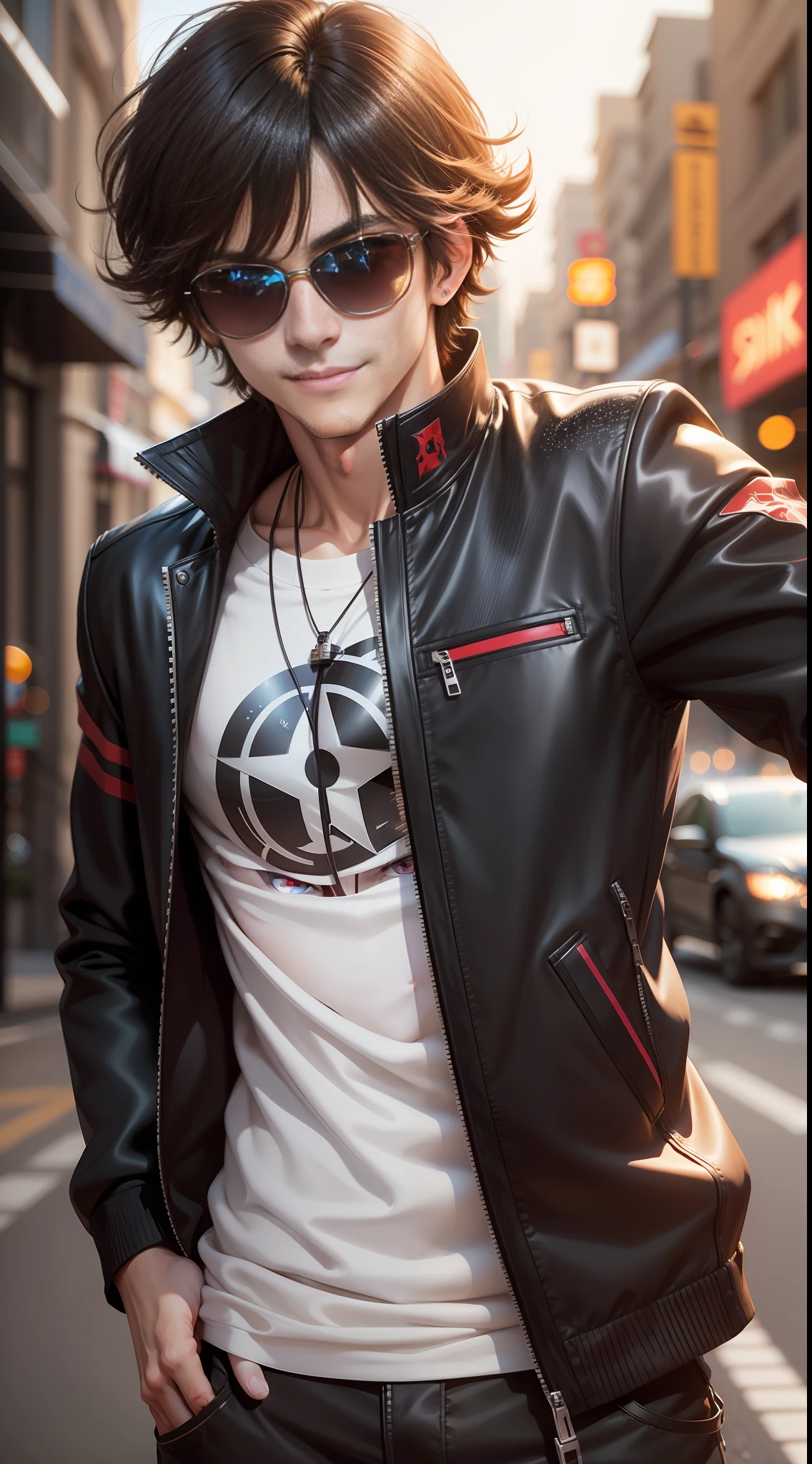 Young man, brunette hair, bangs, asymmetrical hair, asymmetrical bangs, sunglasses, sparkling pupils, evil smile, anime style, speed line, backlight, motion blur, tachi-e, 8k