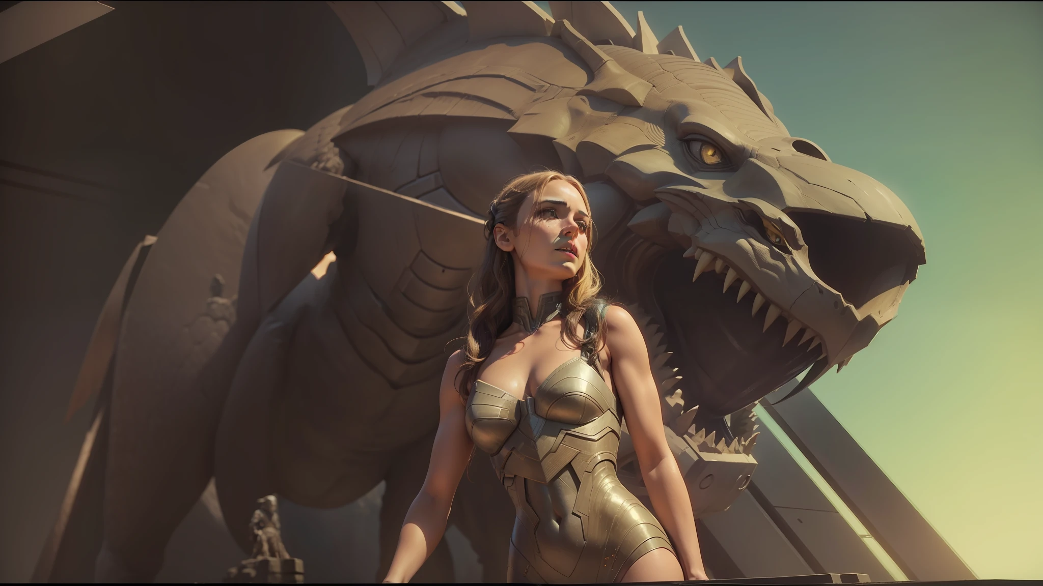 there is a woman standing in front of a statue of a dragon, movie still of the alien girl, eve online movie still, sci-fi cinematic movie still, frame from prometheus movie, sci-fi movie still, from a 2 0 1 9 sci fi 8 k movie, sci - fi film still, scene from prometheus movie, still from a music video --auto --s2