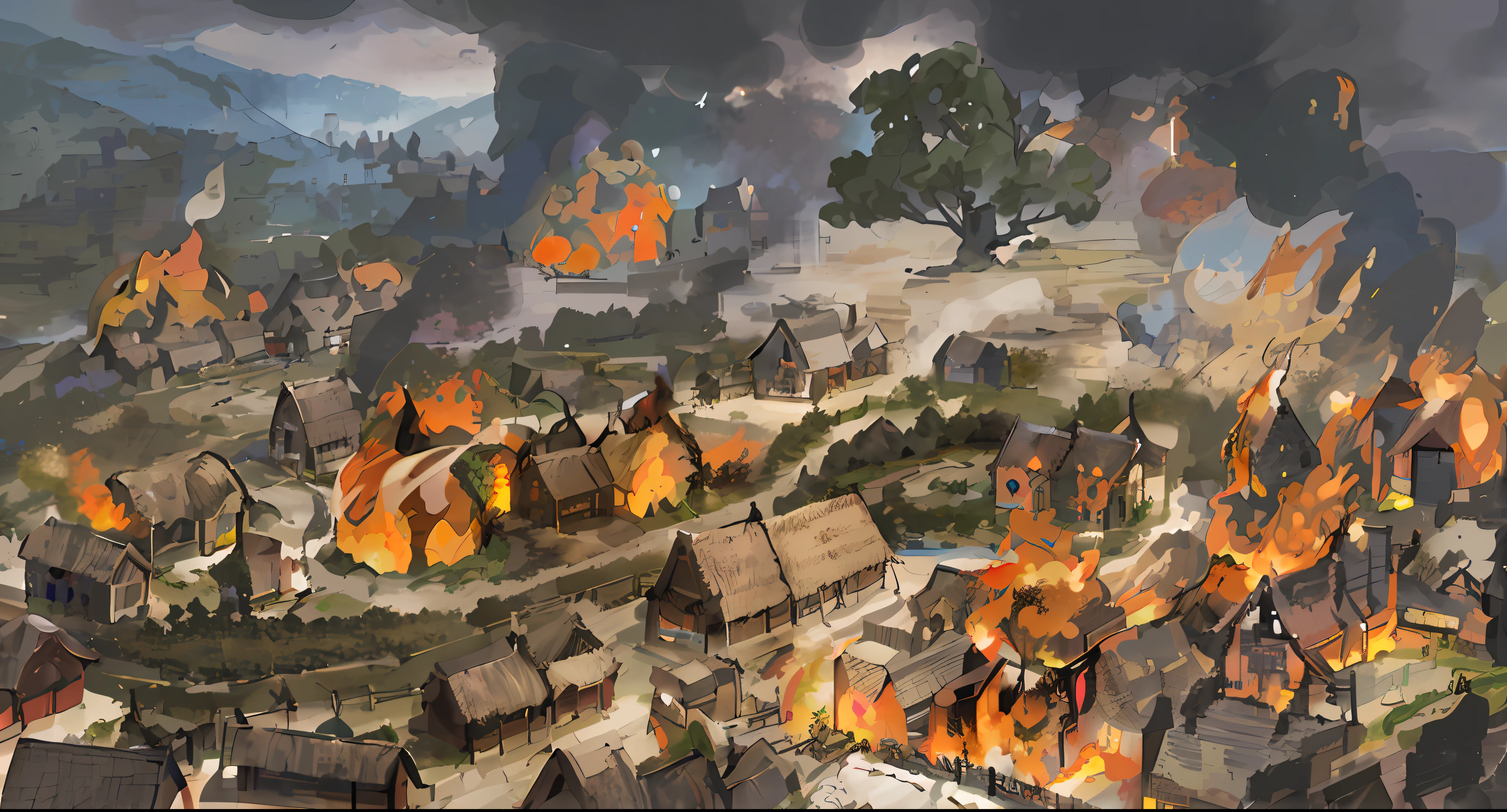 There is a painting, a village on fire, thatched huts, smoky village, burning village, burning village in the background, ancient city on fire, burning house, city of Whiterun burning, traditional Japanese concept art, burning buildings, Chinese village, painted as game concept art, Elden ring concept art, orc village, environmental design illustration, concept art highly detailed