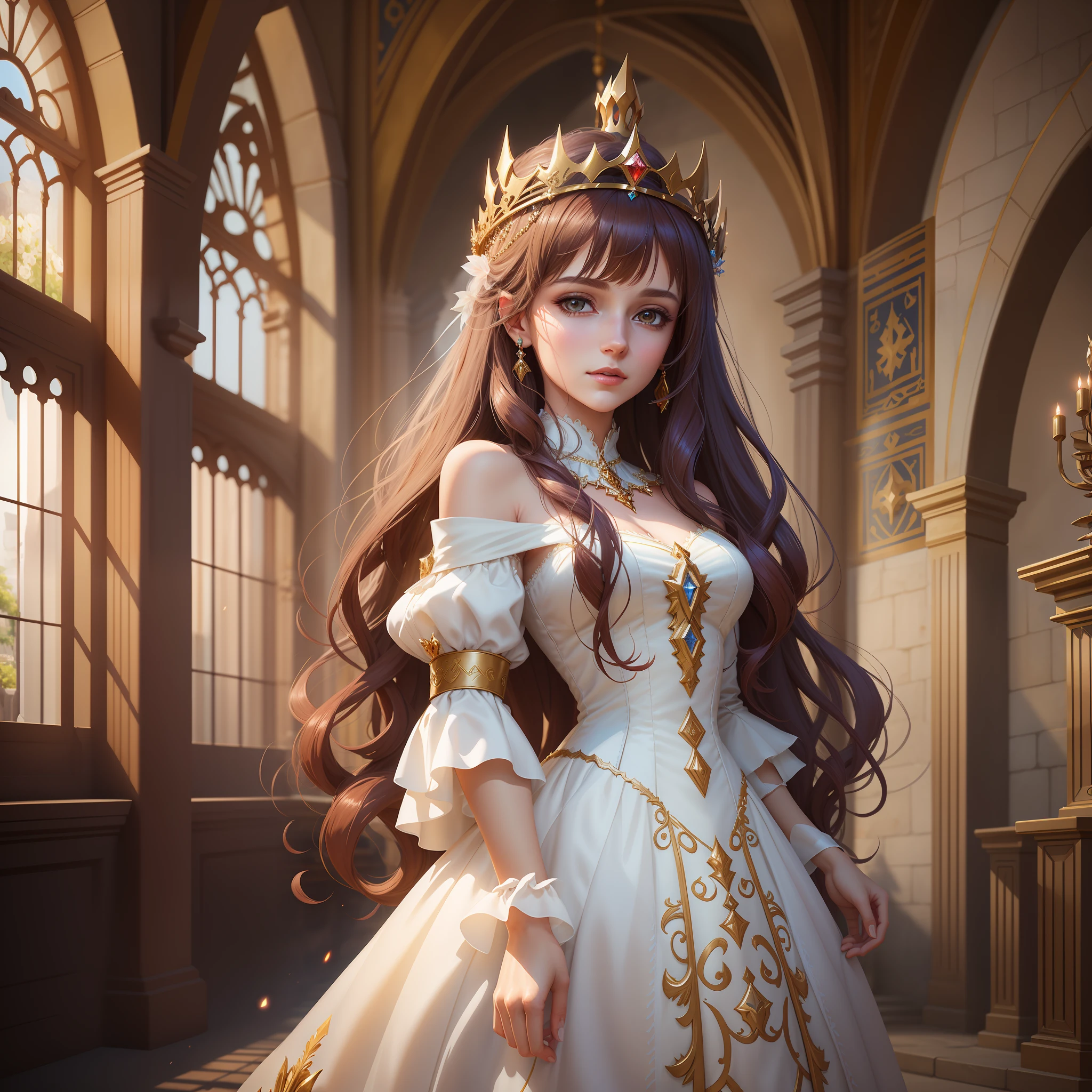 There is a woman in a white dress with a crown on her head, a beautiful fantasy queen, ((beautiful fantasy queen)), a portrait of a princess, a work of art in the Guvez style. 5D CGI anime fantasy artwork, 8K high quality detail art --auto --s2