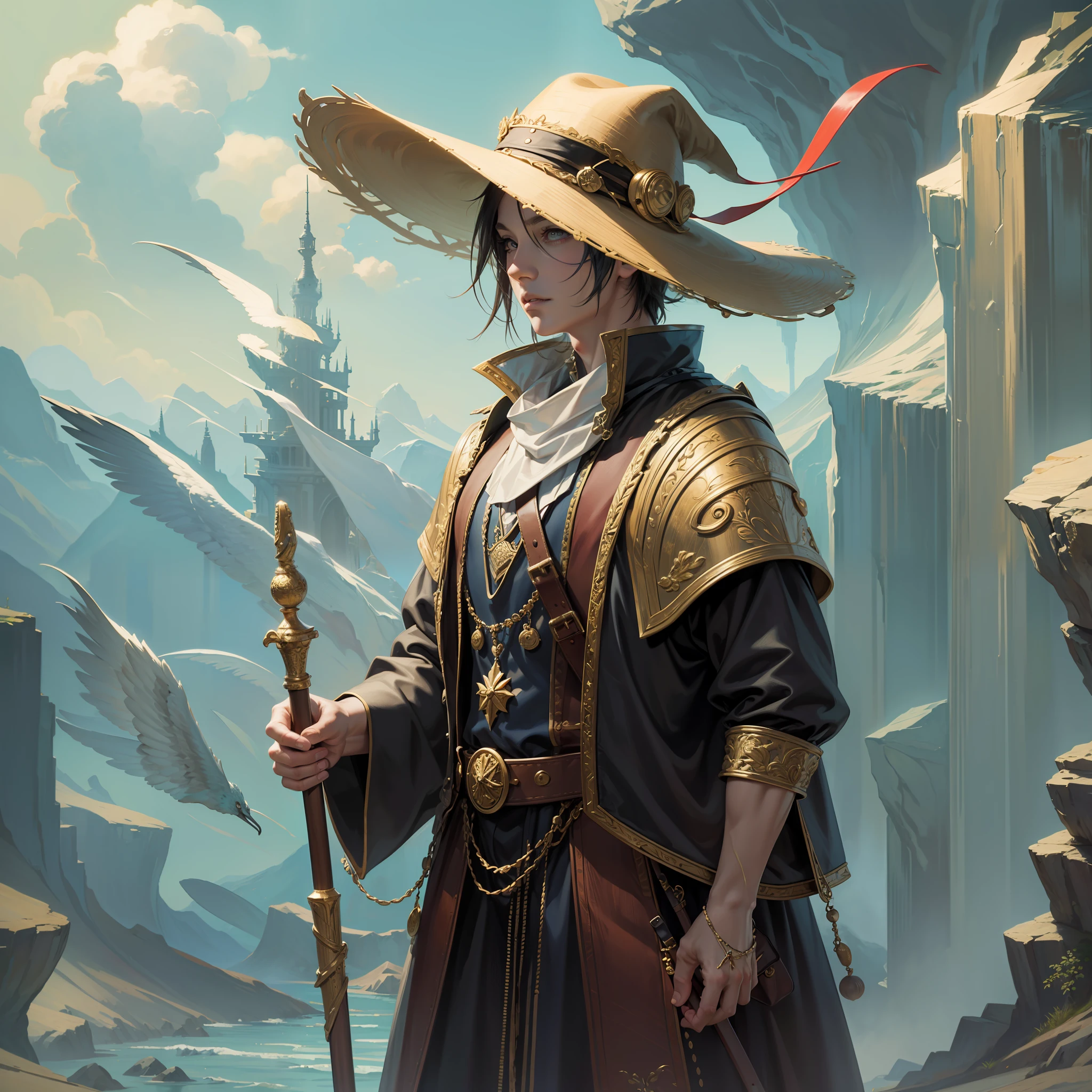 (Masterpiece, Masterpiece), Tarot Cards, Male in Hat, Wooden Stick in Hand, Bag on Back, Standing in Front of a Cliff, Fool, 8K, Intricate Details, (Digital Art Works)