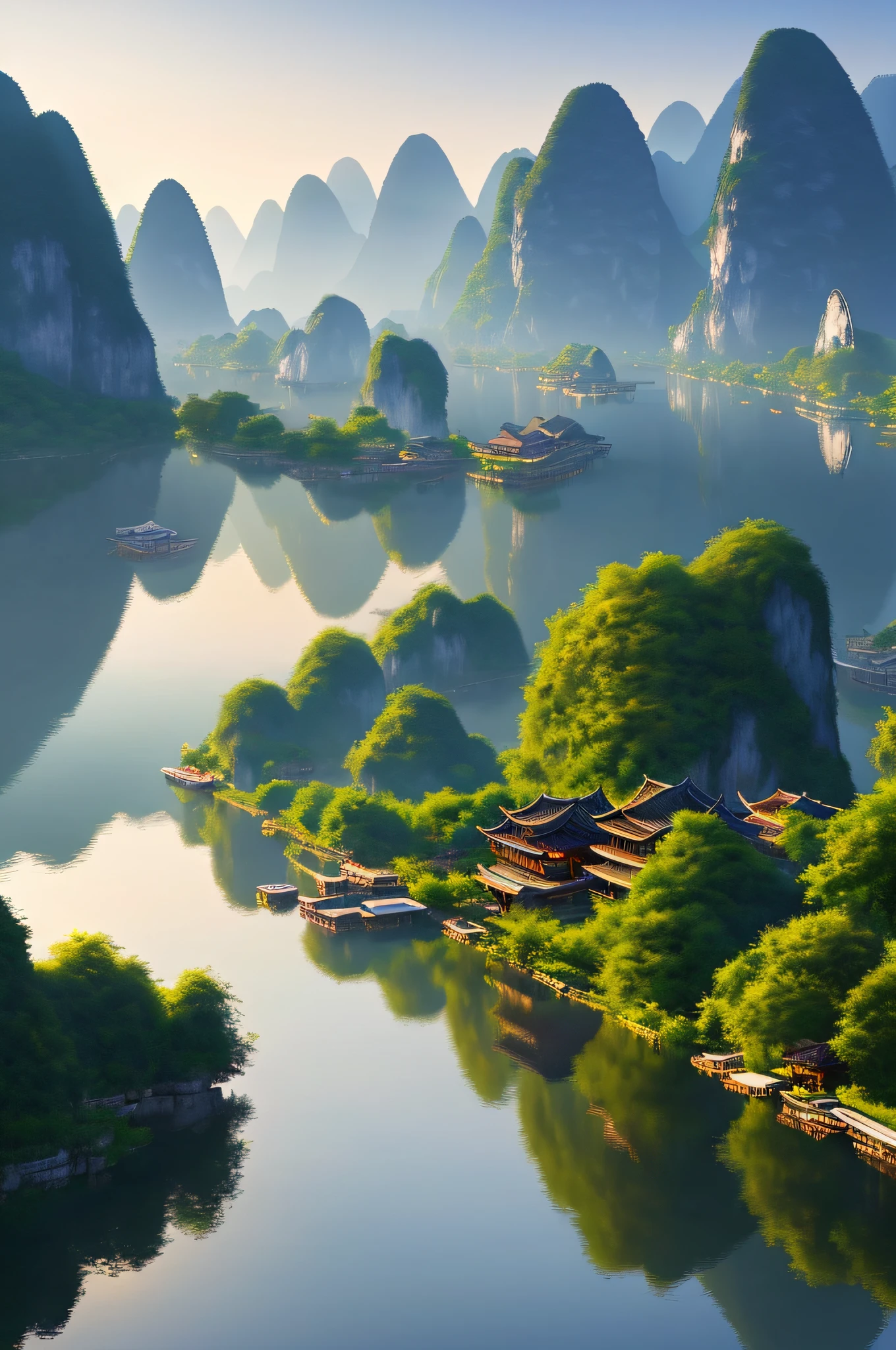 Masterpiece, best quality, extremely beautiful reflection, best reflection. (Very detailed CG 8K wallpaper), (best quality), (best illustration), (best shadow), landscape pictures of Guilin, photorealistic and early morning.