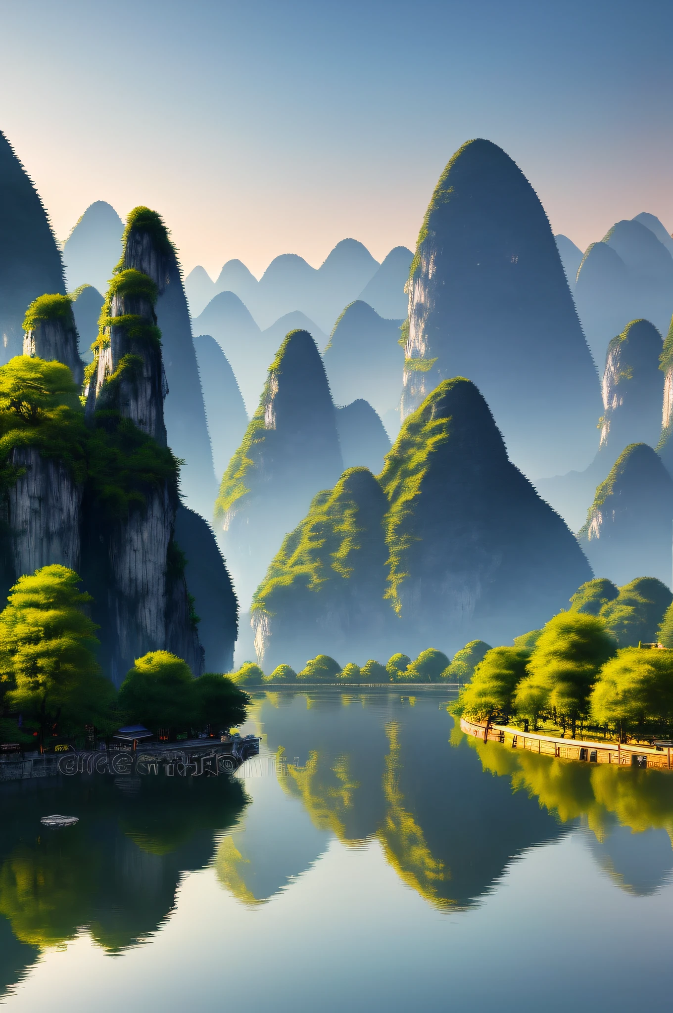 Masterpiece, best quality, extremely beautiful reflection, best reflection. (Very detailed CG 8K wallpaper), (best quality), (best illustration), (best shadow), landscape pictures of Guilin, photorealistic and early morning.