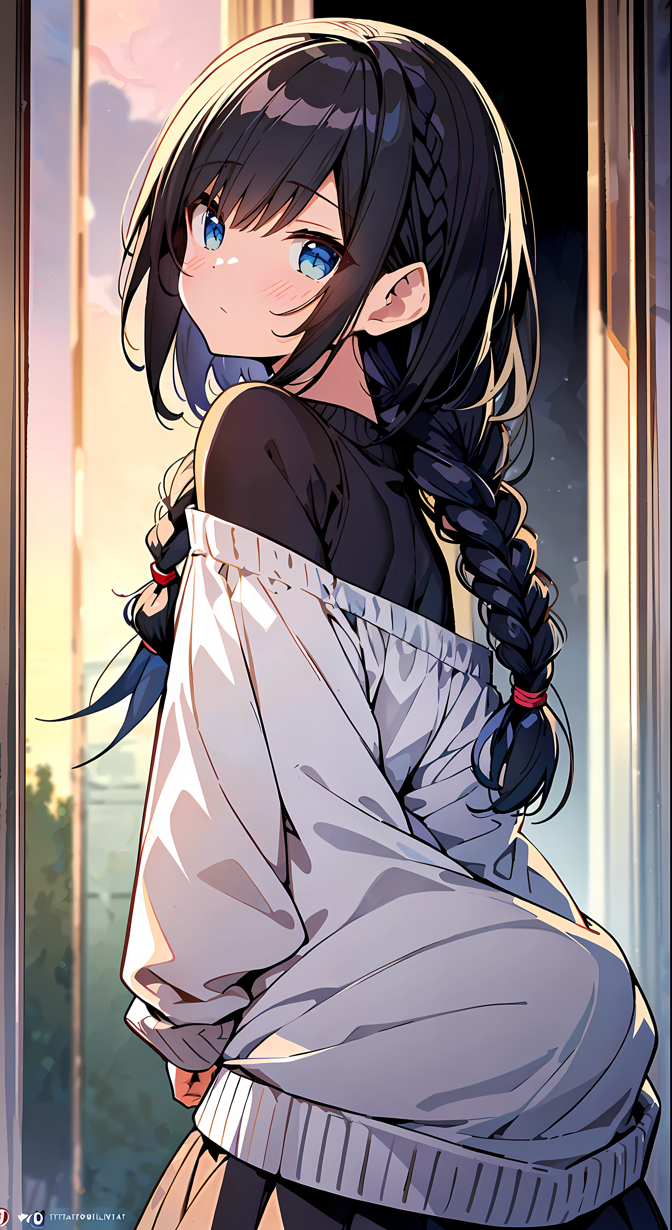 Top Quality, Masterpiece, Ultra High Resolution, 8k, Cream Sweater, Anime Style Little Loli, Single, Ultra Detailed Line Art, Digital Enhancement, Anime Core, Flowing Fabric, Close Up, ((Hair length to shoulder mouth and short braid)), staring at me from the front, Soft drawing, Beautiful black hair, Looks really weak, Clear eyes, Park at sunset
