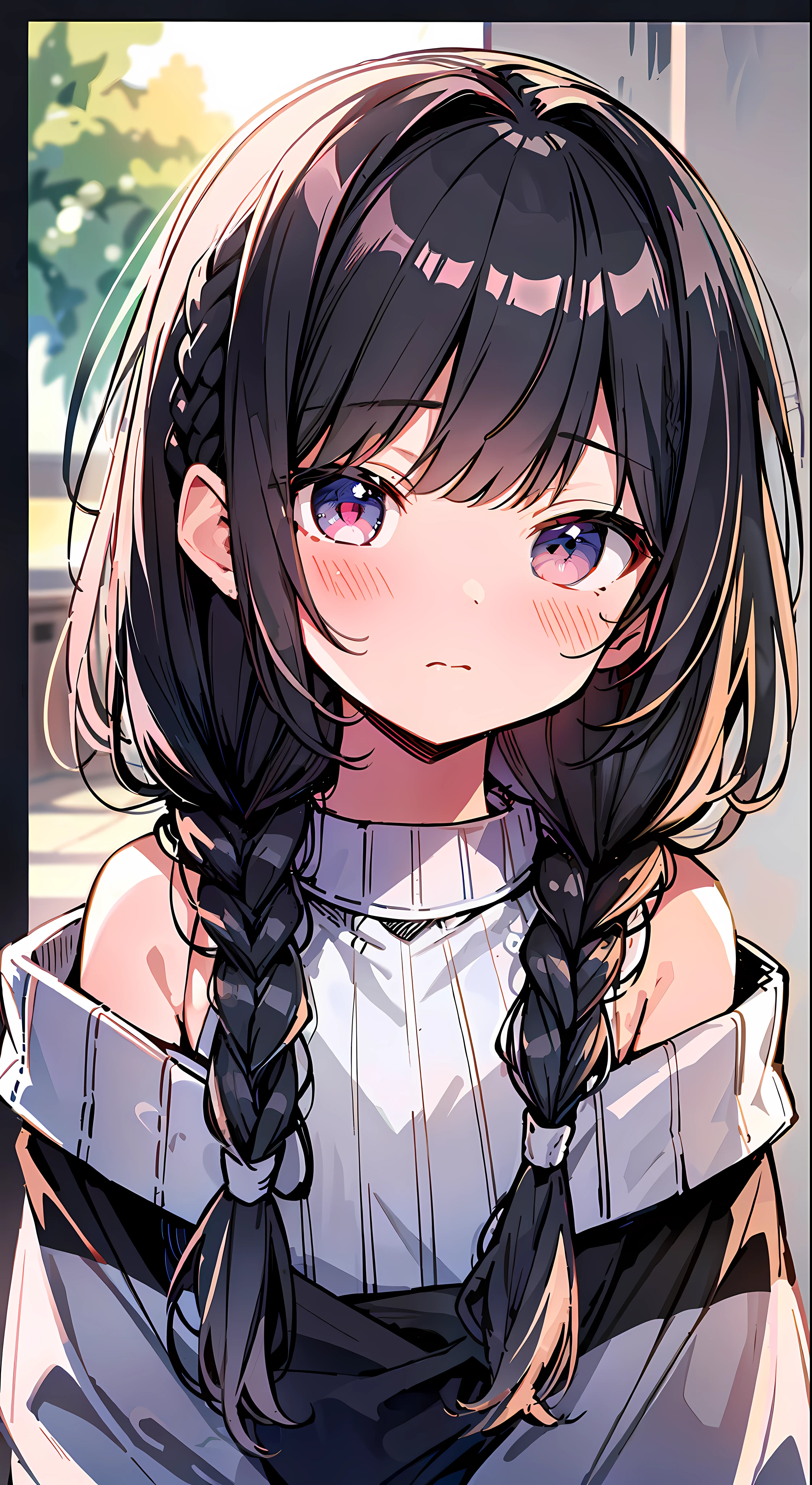Top Quality, Masterpiece, Ultra High Resolution, 8k, Cream Sweater, Anime Style Little Loli, Single, Ultra Detailed Line Art, Digital Enhancement, Anime Core, Flowing Fabric, Close Up, ((Hair length to shoulder mouth and short braid)), staring at me from the front, Soft drawing, Beautiful black hair, Looks really weak, Clear eyes, Park at sunset