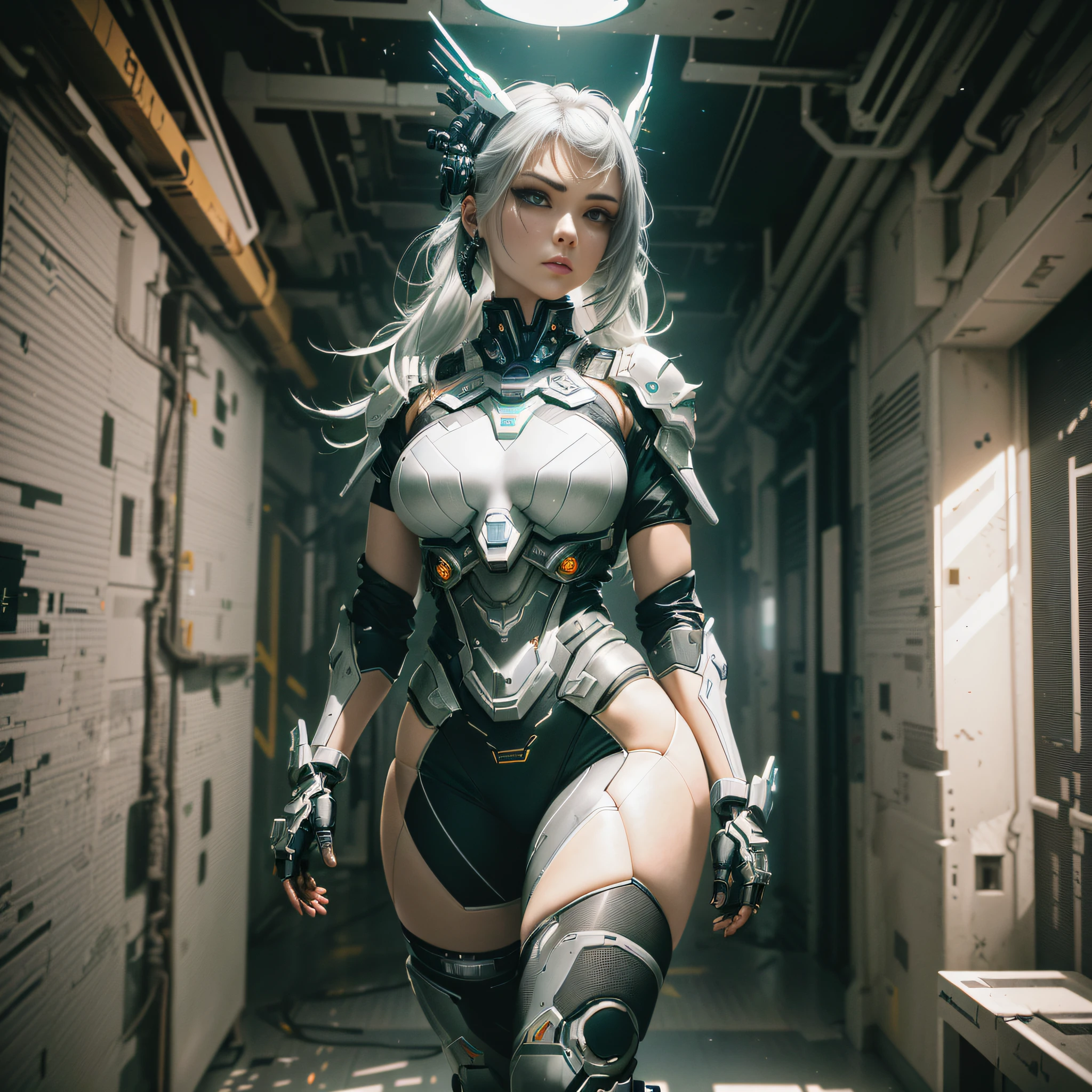 there is a woman in a costume that is standing in a hallway, girl in mecha cyber armor, wearing techwear and armor, cyborg - girl with silver hair, armor girl, mechanized valkyrie girl, porcelain cyborg armor, cybersuit, female cyberpunk anime girl, perfect anime cyborg woman, cyberpunk angry gorgeous goddess, cyber japan armor, cybersuits