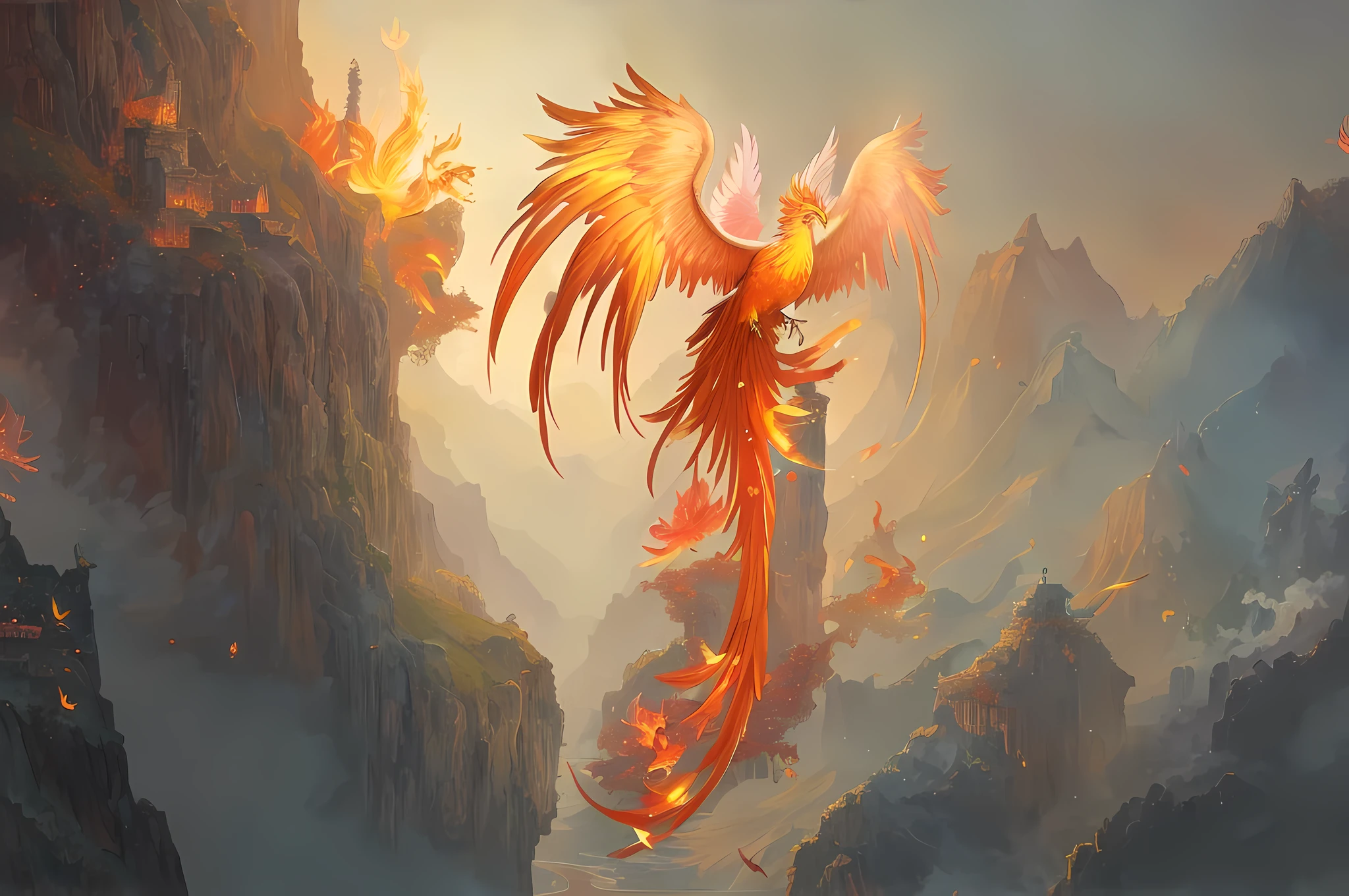There is a painting of a firebird flying over the mountains, "Phoenix rest wallpaper, Phoenix artwork, Phoenix wallpaper, Phoenix dragon, Phoenix in fire, jellyfish phoenix dragon, jellyfish phoenix, jellyfish phoenix, phoenix rising from ashes, with fiery golden flame wings, phoenix rising, phoenix inspiration, fiery golden wings."