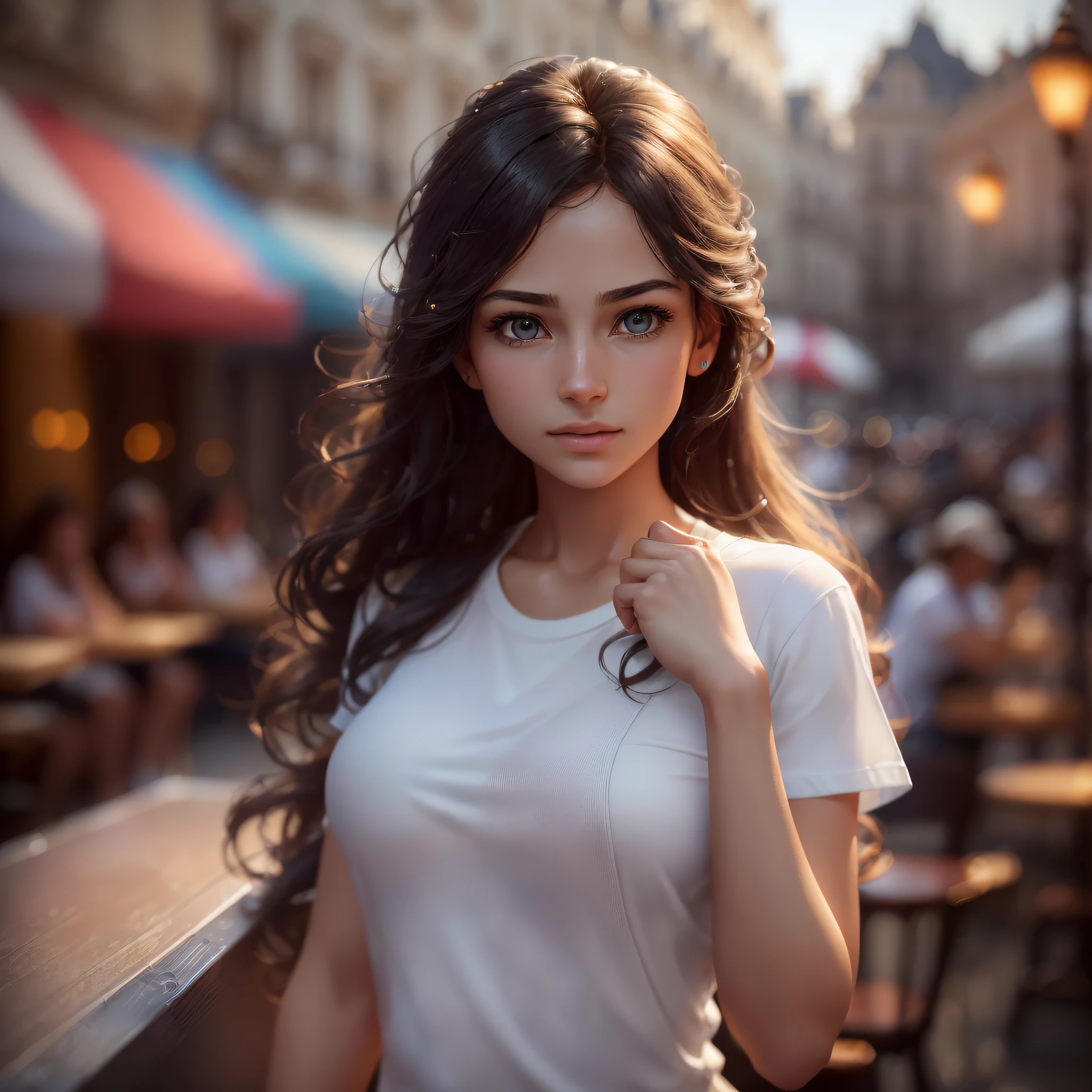 dressed, (photorealistic: 1.4), (hyperrealistic: 1.4), (realistic: 1.3), (smooth lighting: 1.05), (improved cinematic lighting quality: 0.9), 32K, 30 year old woman, soft long hair, realistic lighting, strong skylights, backlit, face lights, ray tracking, (bright light: 1.2), ( Quality improvement: 1.4), (Top quality realistic texture skin: 1.4), fine detailed eyes, detailed face, fine quality eyes, sluggish expression, bust up, white small T-shirt, (enhance the atmosphere of body line: 1.1), (enhance the beauty of skin texture: 1.1), background is French open café, --auto --s2