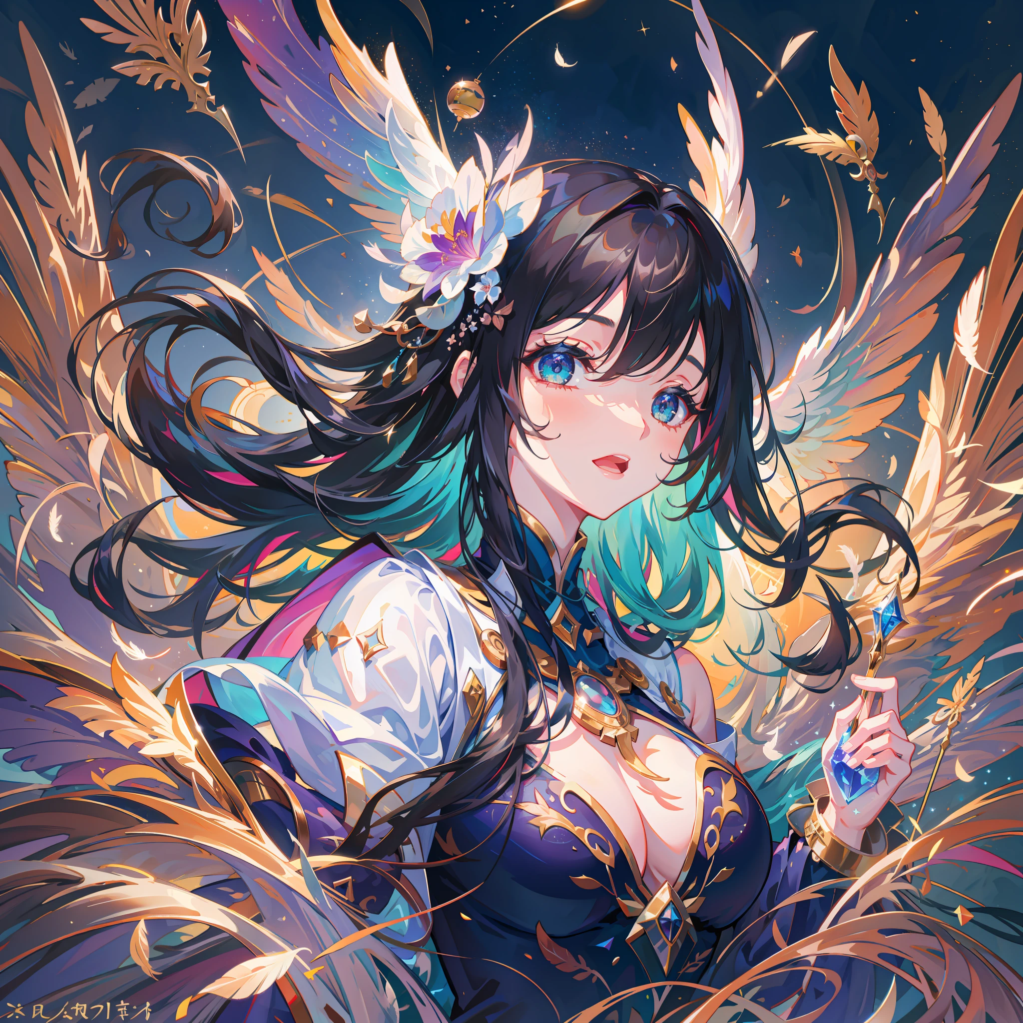 8k wallpaper, magnificent, (((masterpiece))), ((best quality)), ((super detailed)), (illustration), dynamic angle, 1 girl, Mo Qingxian, flower, expressionless, beautiful and detailed sky, lots of glowing particles, feathers, galaxies, dramatic angles, looking_at_viewer, [[starry sky]]], {{dusk_sky}}, {{floating spots}}, {{lots of feathers}}, [(crystal)) :d ragon:0.8], ((Breakout)), (Floating Water: 1.2), Clock,
 Starry sky dotted with hair, depth of field