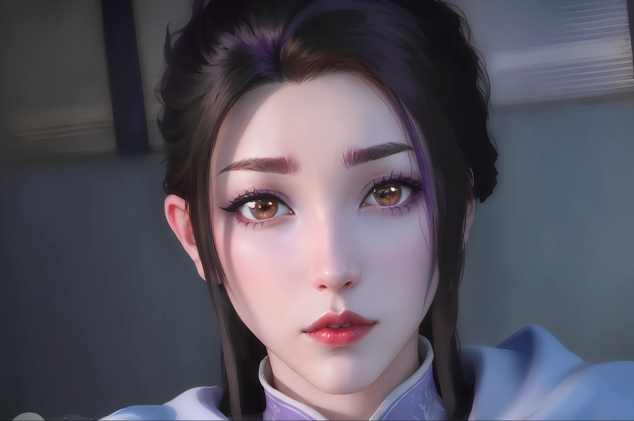 (32k) 16k, 8k, 4k, super detailed face, flaming red lips, sad, aggrieved, purple hair, purple eyes, high resolution, perfect.