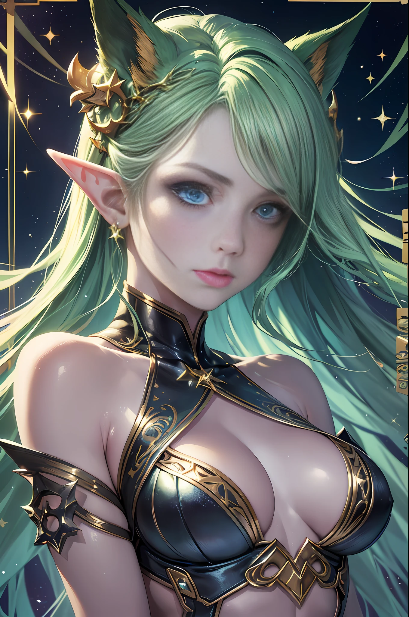 a portrait of a elf girl with freckles and bright striking blue eyes posing for a photo,full body, bare shoulders, muscular, fit, defined abs, thongs, (prominent cameltoe) white freckles, long flowing green hair flying, glowing radiance, beautiful pale makeup, color portrait, stunning portrait, elegant freckles, wearing black thongs with glowing runes of power, black gloves, star-shine, gold dust spread across her skin and her face, (dark, hyper-realistic photos (((portrait))) refraction ,Dark background of magical night forest, deep woods, towering ruins, starlight skies