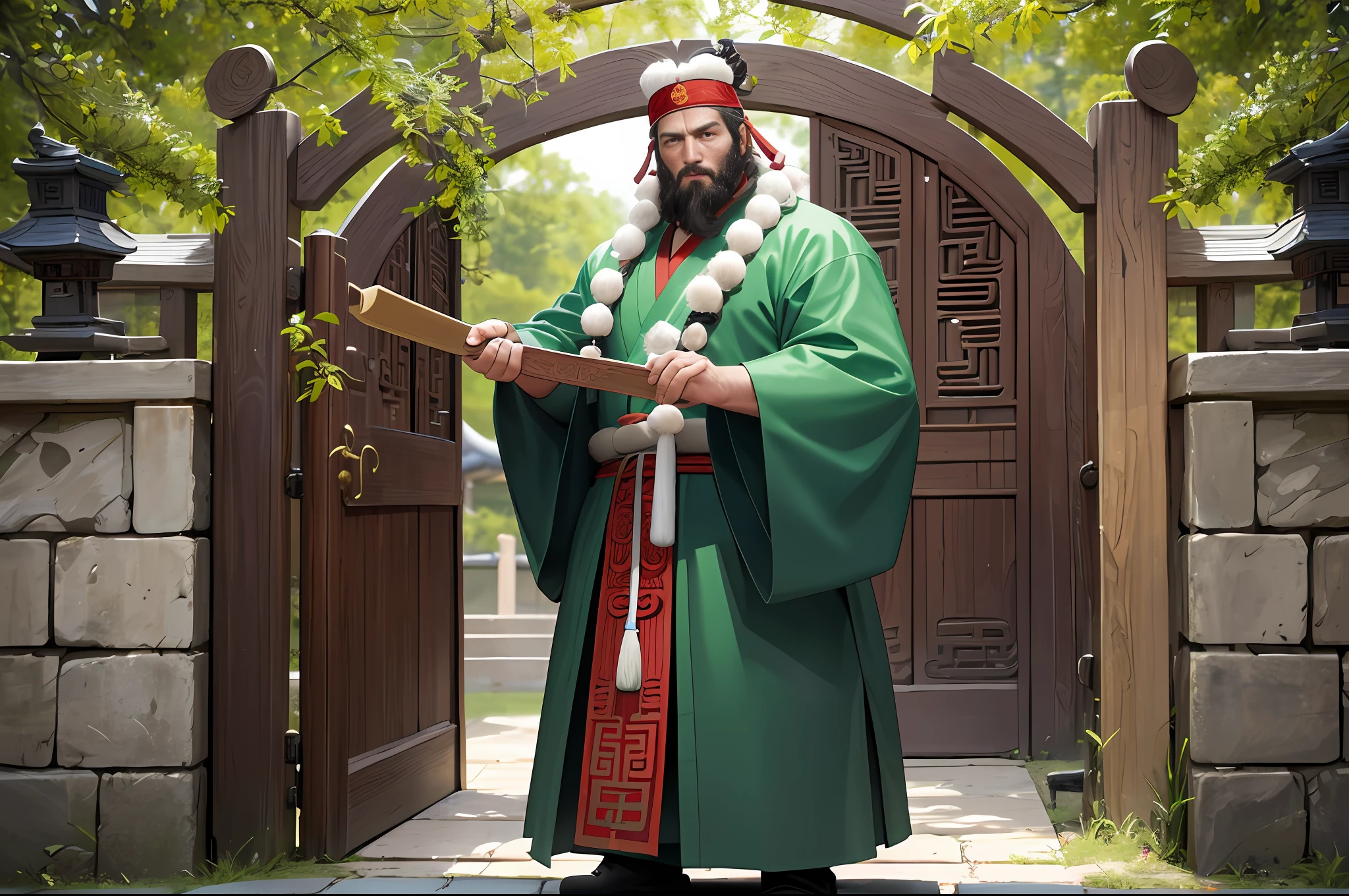 High-definition pictures, ultra-high resolution, clear facial features, super many details A 40-year-old man, tall, clear facial features, super high resolution, standing at the gate of the yard, pushing the door in. Green robes, buns, long thick beards. Chinese ancient style, Chinese martial arts style.
。 4K ultra-clear material.