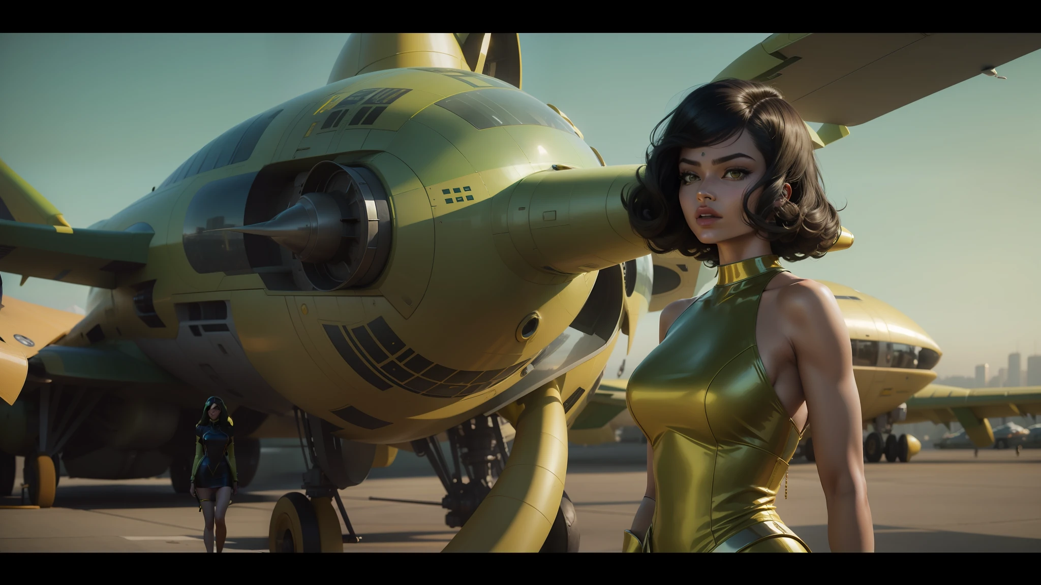 araffe woman in a yellow dress standing next to a green and yellow airplane, shanina shaik as medusa, as a retro futuristic heroine, style = retro-futurism, retro futuristic fashion, fashionable futuristic woman, as a retrofuturistic heroine, nvidia promotional image, 2 0 2 1 cinematic 4 k framegrab, champagne commercial, futuristic. game cg --auto --s2