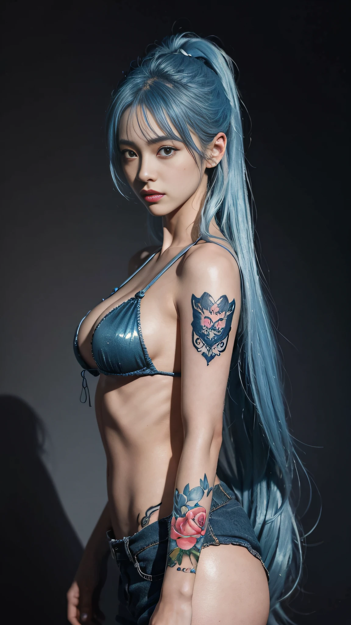 Ultra-high definition 2D art, close-up (1 woman), light blue hair, 2D animation style, soft and delicate depiction, attention also on her full-body tattoos (full-body art), landscape mode, masterpieces by Guweiz and James Jean, tattoo expert designs by CGSCOSITY, etc. A beautiful blue-haired girl who became a hot topic at the trend art station of Japan.