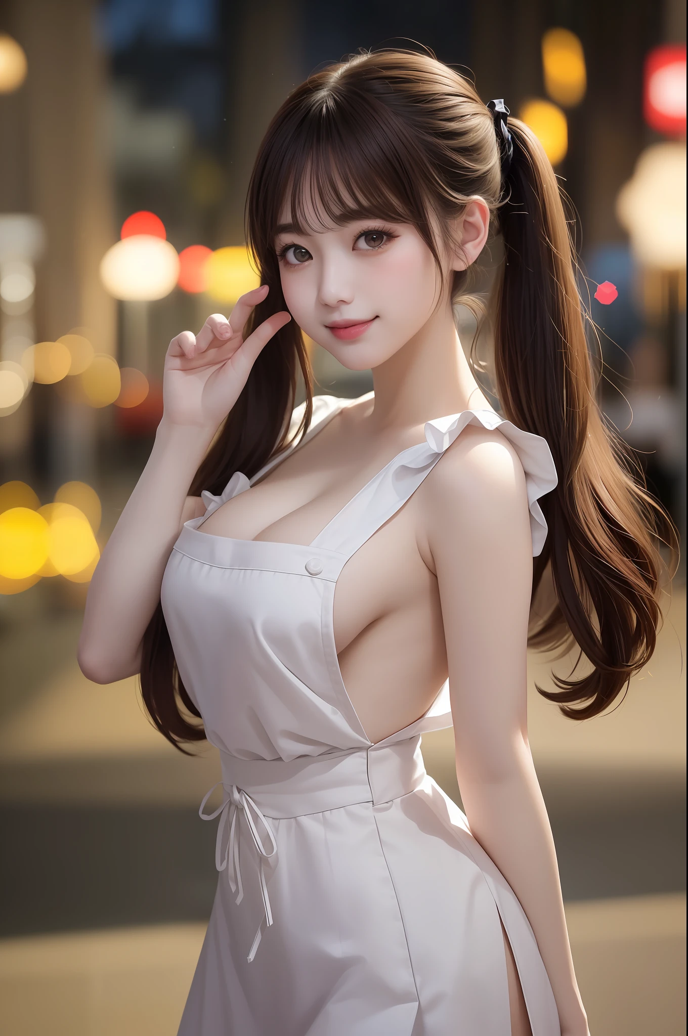 ((22 y.o girl)), (jpop idol), (wearing a  apron), dynamic pose, pale skin, (((natural , ))), (aegyo sal:1.1), (narrow waist), long((low twintails)), brown-hair, (puffy eyes), looking away, smiling, , (black G-string), bangs, Seoul streets, outdoors, public, (Bokeh), ultra-detailed, best quality, ultra high res, (:1.05),