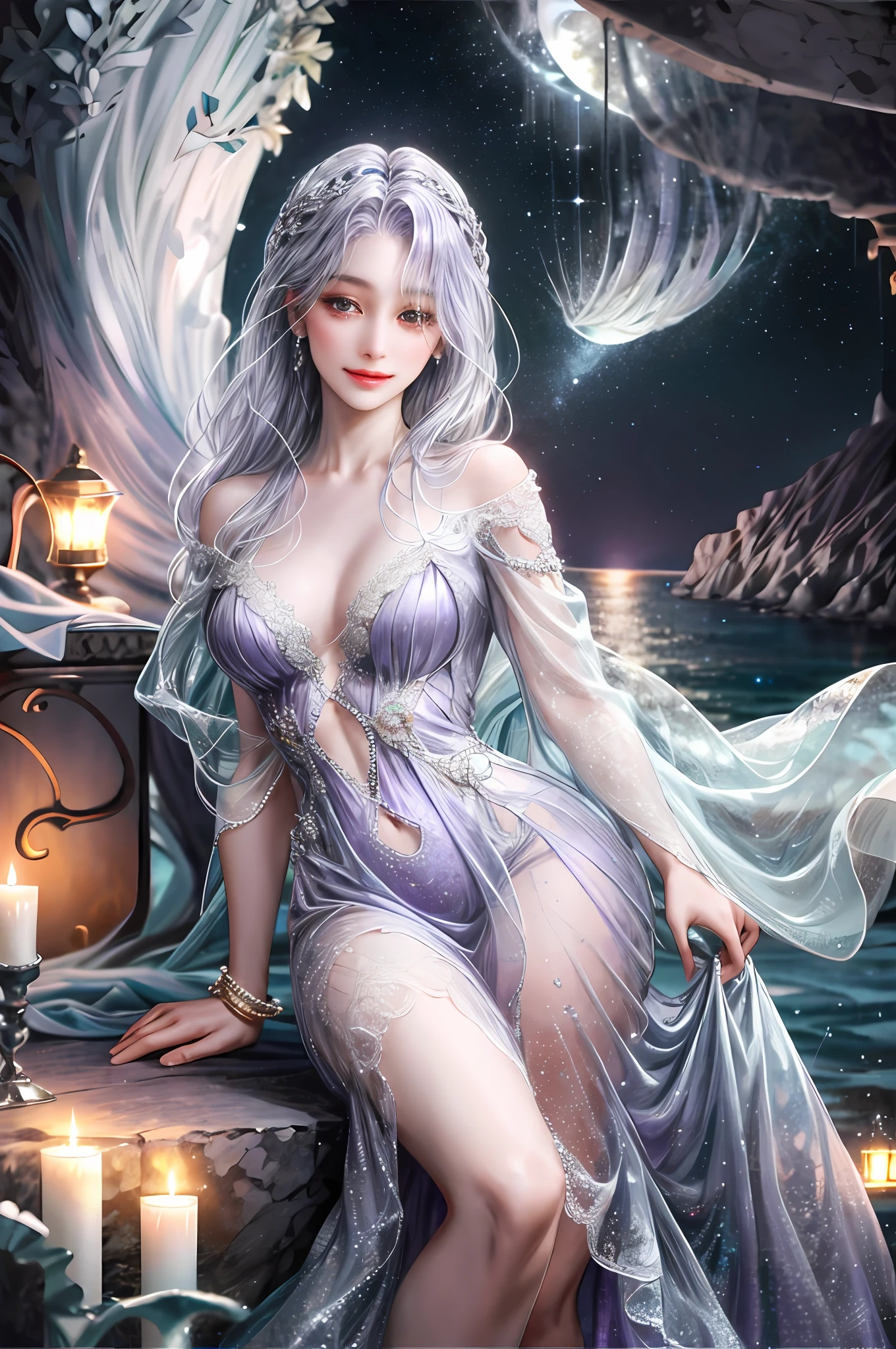 Zodiac-scorpio goddess , similar to latin goodness , cute but sexy face , purple-silver hair , transparent dress , in the ocean with moonlight , whole body ,