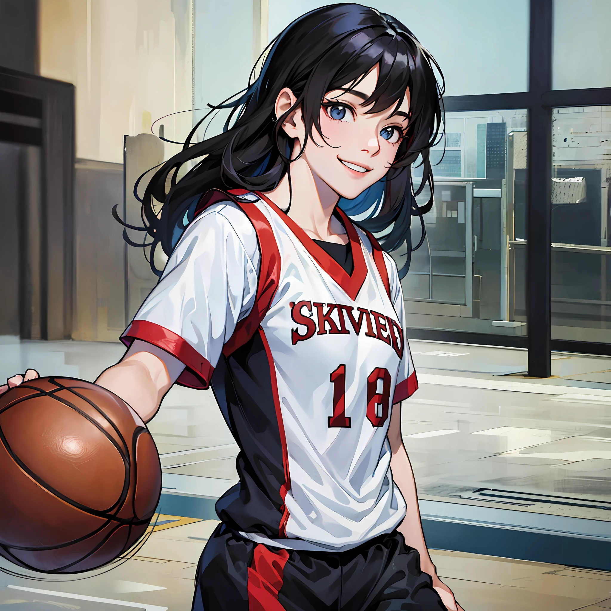 black haired girl, anime art, basketball, dribble, basketball uniform, smile, trend on pixiv, high school student, JK, semi-long, --auto --s2