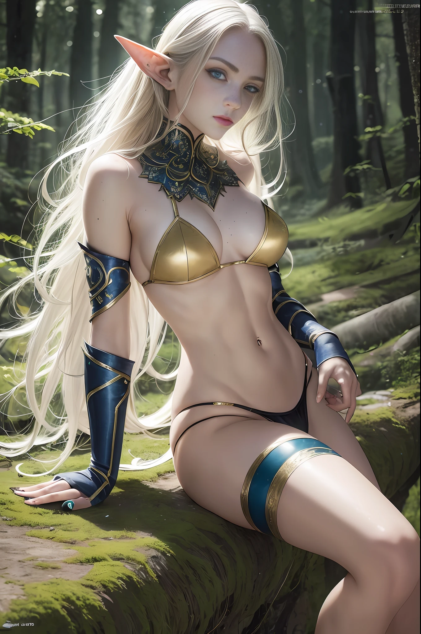 a portrait of a elf girl with freckles and bright striking blue eyes posing for a photo,full body, bare shoulders, muscular, fit, defined abs, thongs, (prominent cameltoe) white freckles, long flowing green hair flying, glowing radiance, beautiful pale makeup, color portrait, stunning portrait, elegant freckles, wearing black thongs with glowing runes of power, black gloves, star-shine, gold dust spread across her skin and her face, (dark, hyper-realistic photos (((portrait))) refraction ,Dark background of magical night forest, deep woods, towering ruins, starlight skies