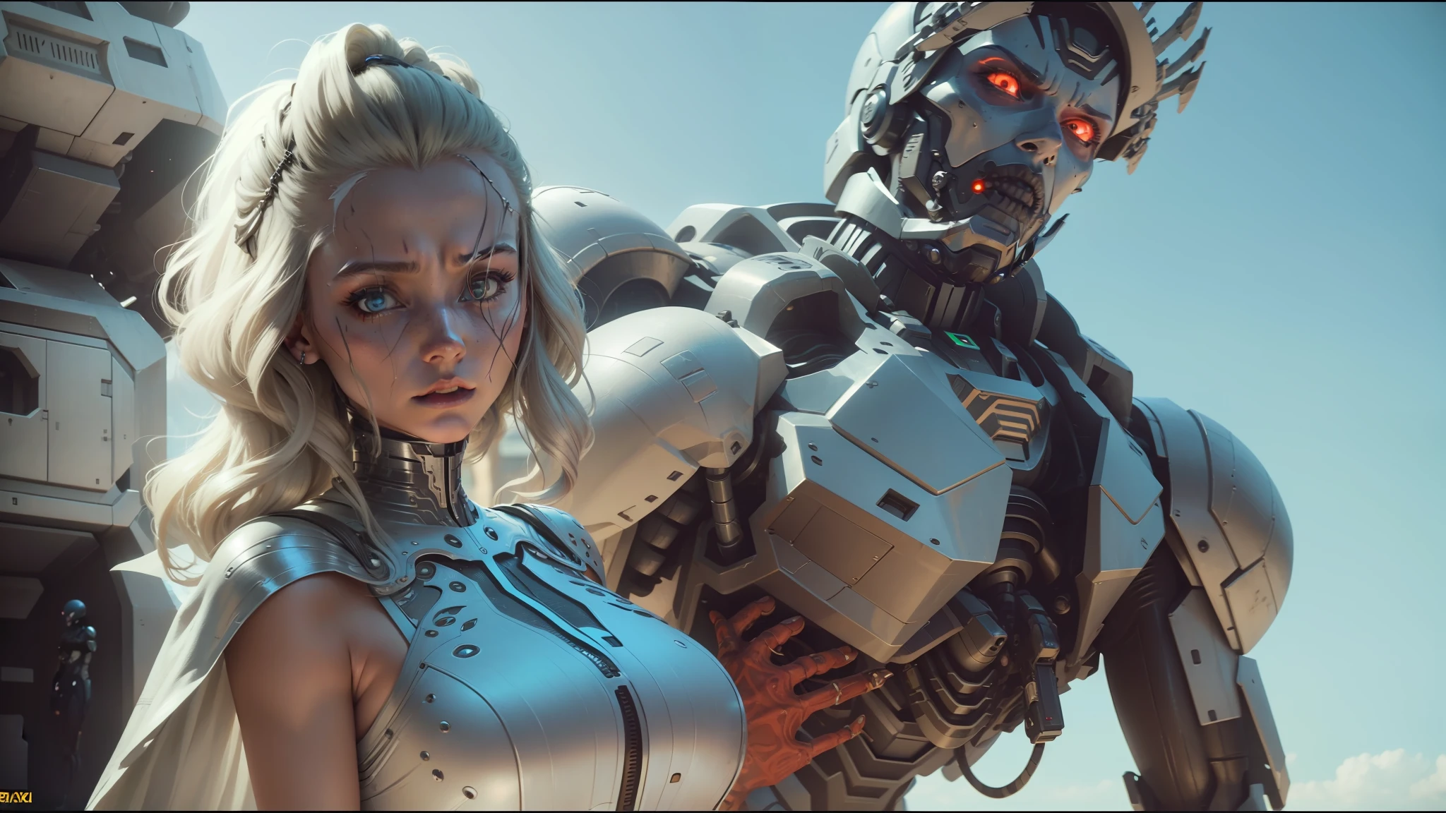 a woman in a silver dress standing next to a giant robot, love death + robots, movie still of a alien cyborg, film still from movie dune-2021, love death and robots, still from a music video, movie still of aztec cyborg, biopunk futuristic wardrobe, ayami kojima and greg rutkowski, cinematic still in westworld --auto --s2
