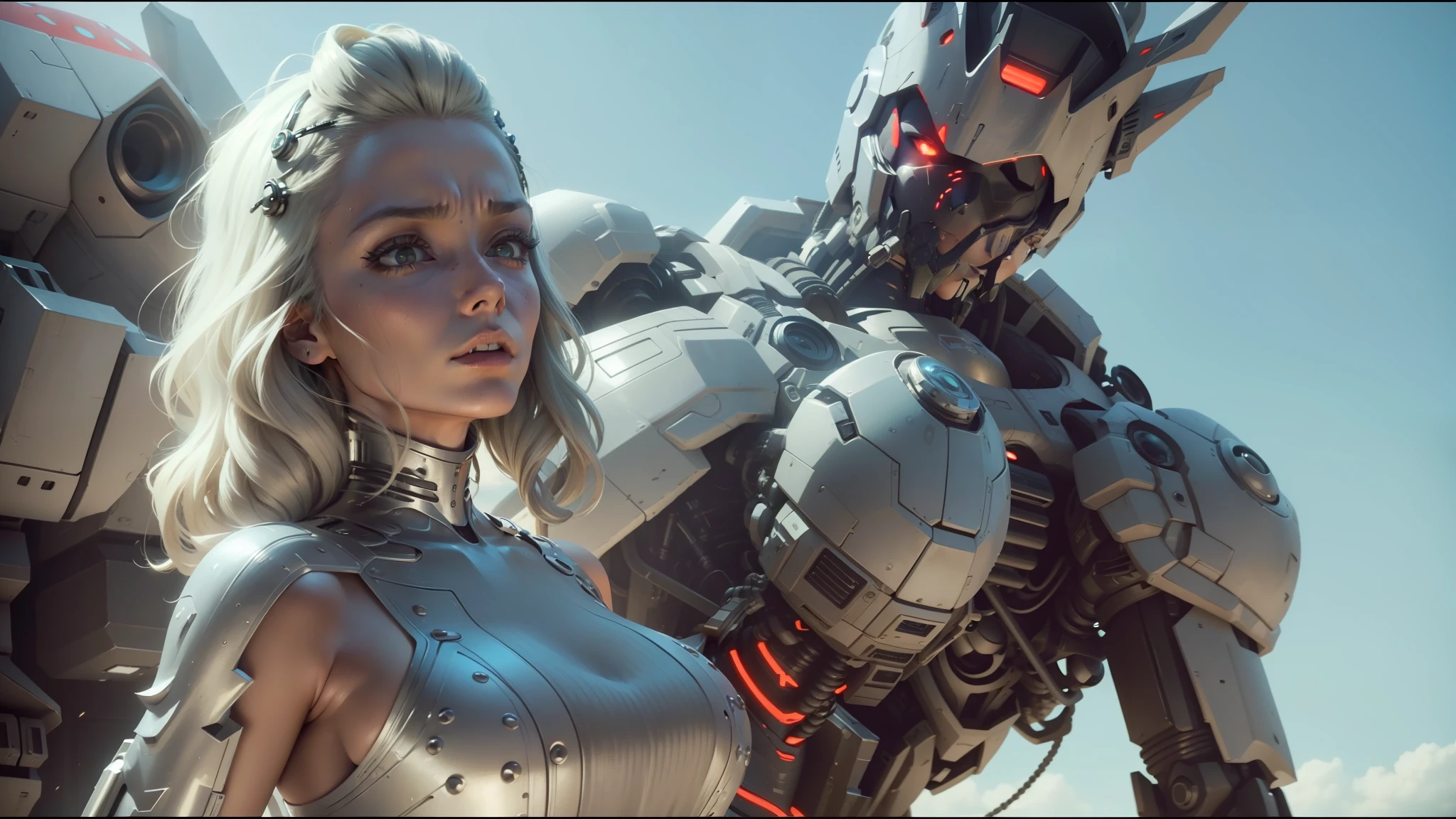 a woman in a silver dress standing next to a giant robot, love death + robots, movie still of a alien cyborg, film still from movie dune-2021, love death and robots, still from a music video, movie still of aztec cyborg, biopunk futuristic wardrobe, ayami kojima and greg rutkowski, cinematic still in westworld --auto --s2