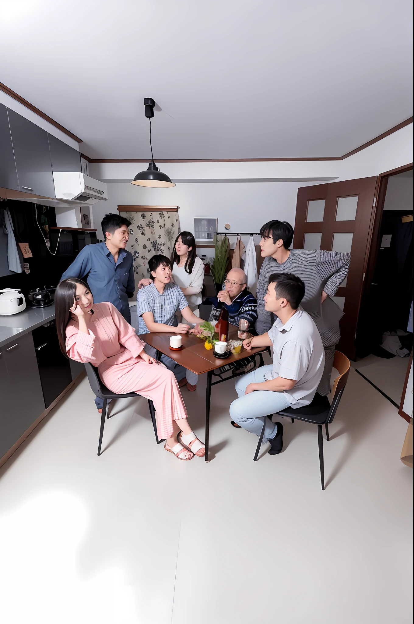 there are many people sitting around a table in a kitchen, in a japanese apartment, group sit at table, family dinner, shot with canon eoa 6 d mark ii, photo taken with sony a7r, taken with sony alpha 9, taken with canon eos 5 d mark iv, joyful people in the house, taken with canon 5d mk4