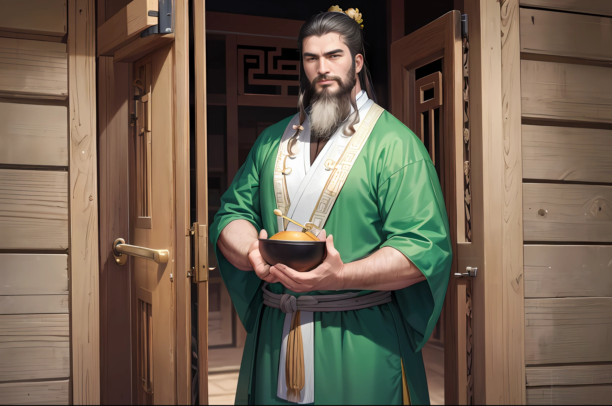 High-definition pictures, ultra-high resolution, clear facial features, super many details A 40-year-old man, tall, burly with clear facial features, ultra-high resolution, standing at the gate of the yard, pushing the door in. Green robes, buns, long thick beards. Chinese ancient style, Chinese martial arts style.
。 4K ultra-clear material.