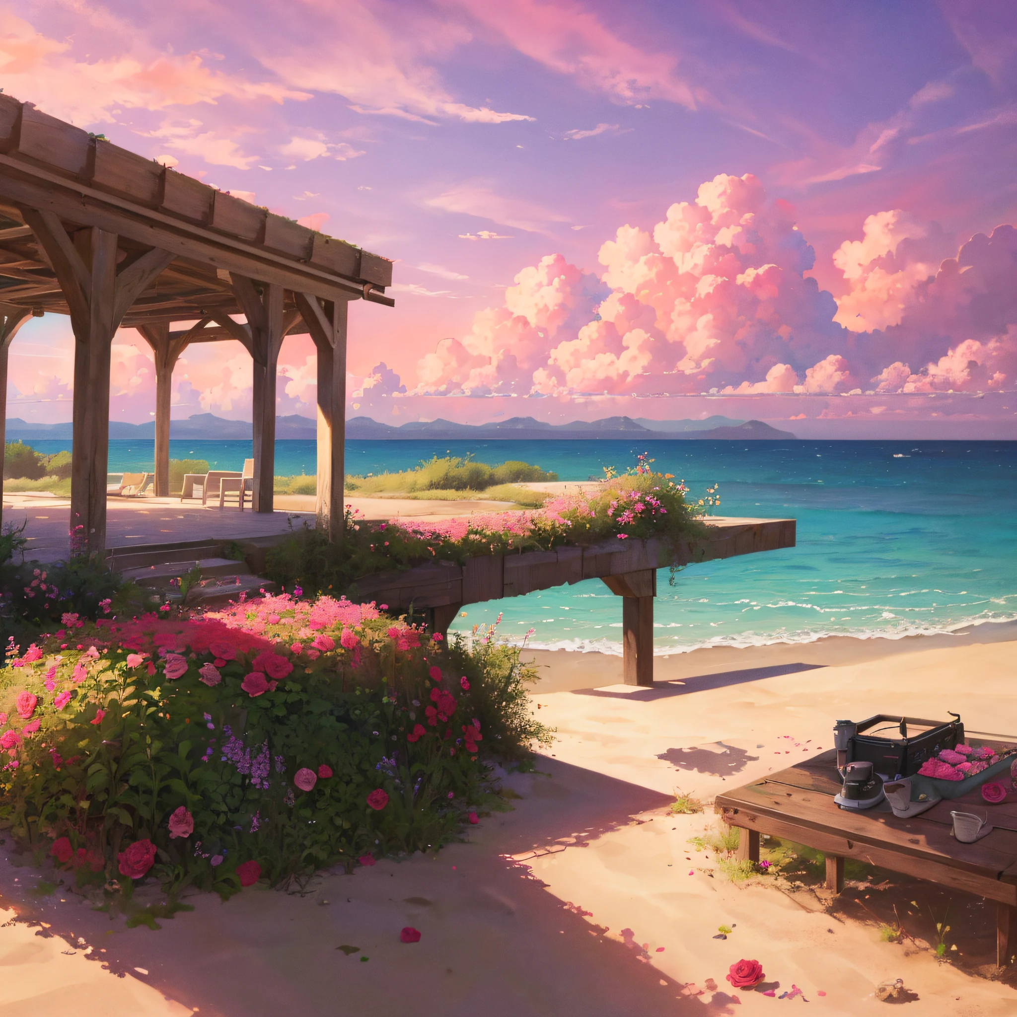 Summer, desert, sea, ((no house)), pink clouds, a land overgrown with roses, James Gurney, art station rendering, ultra-wide lens, high definition